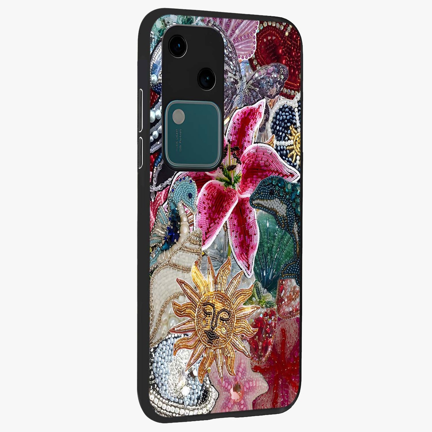 Beaded Garden Fantasy Glass Case upright view showcasing whimsical garden aesthetic with artistic bead details.