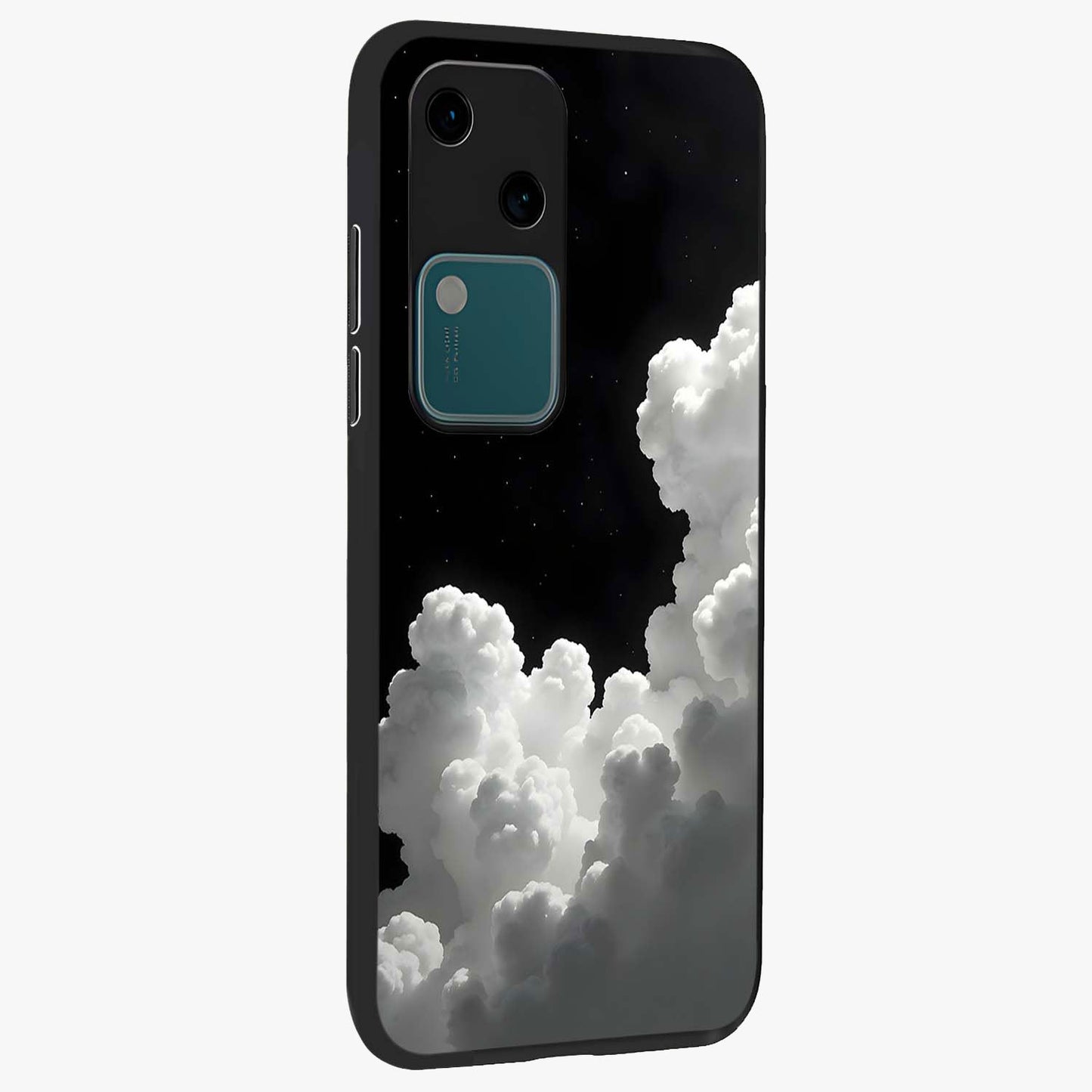 Black Background With White Cloud Glass Case upright view showcasing calm cloud aesthetic with modern minimal style.