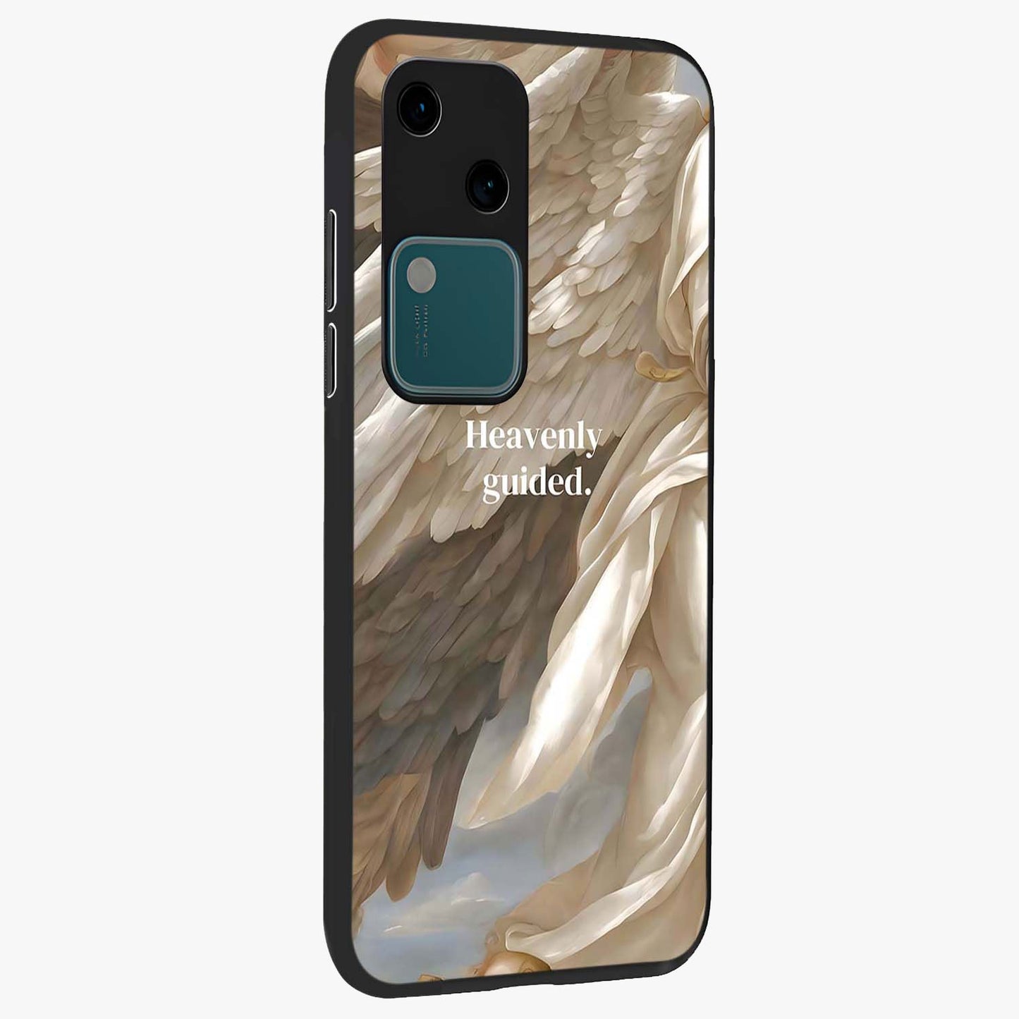 Divine Winged Grace Glass Case upright view showcasing spiritual wing artwork with soft celestial theme.