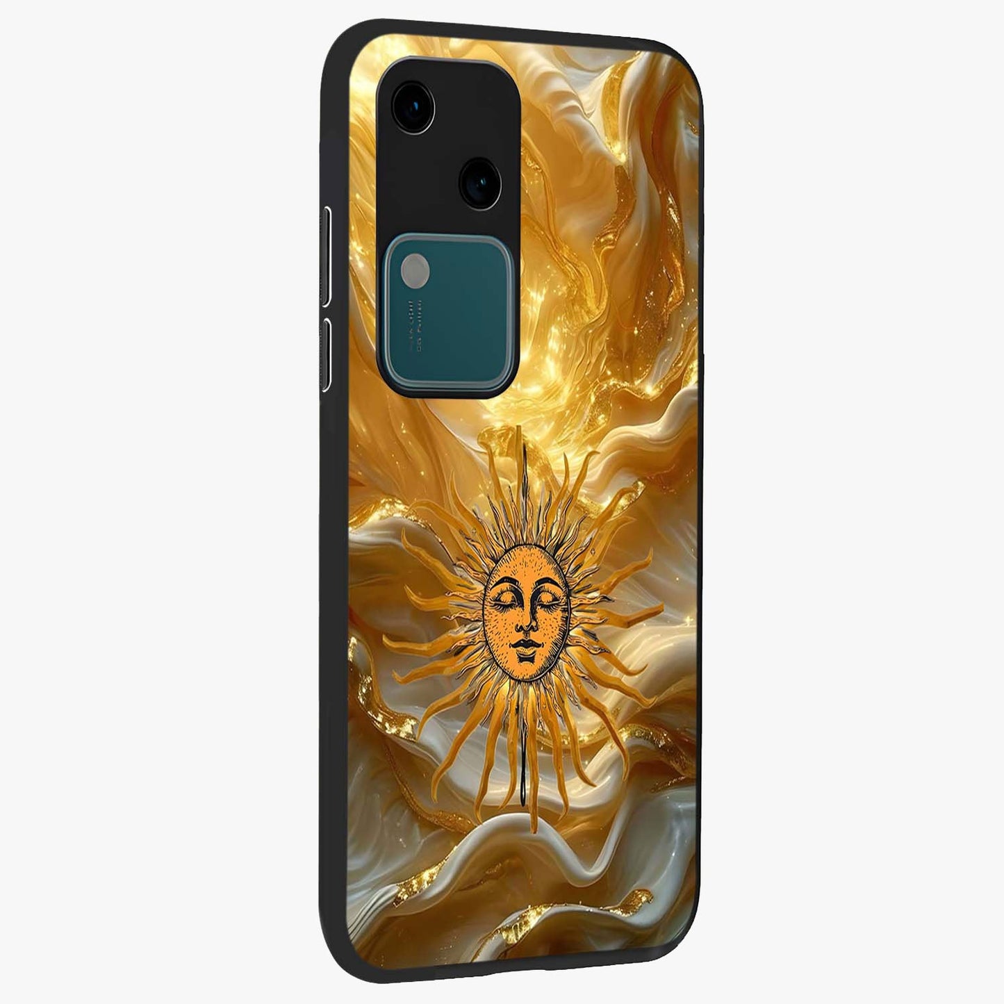 Eternal Golden Glow Glass Case upright view showcasing luminous golden artwork with luxurious visual theme.