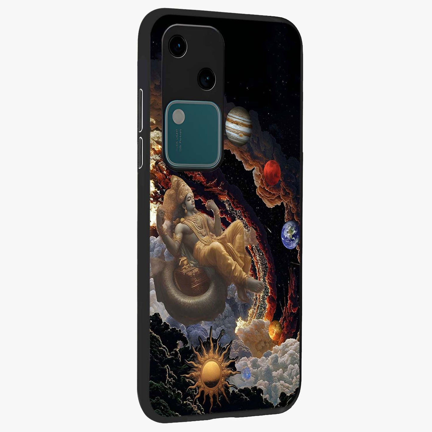 Galactic Divine God Glass Case upright view showcasing mystical divine artwork with dramatic cosmic theme.
