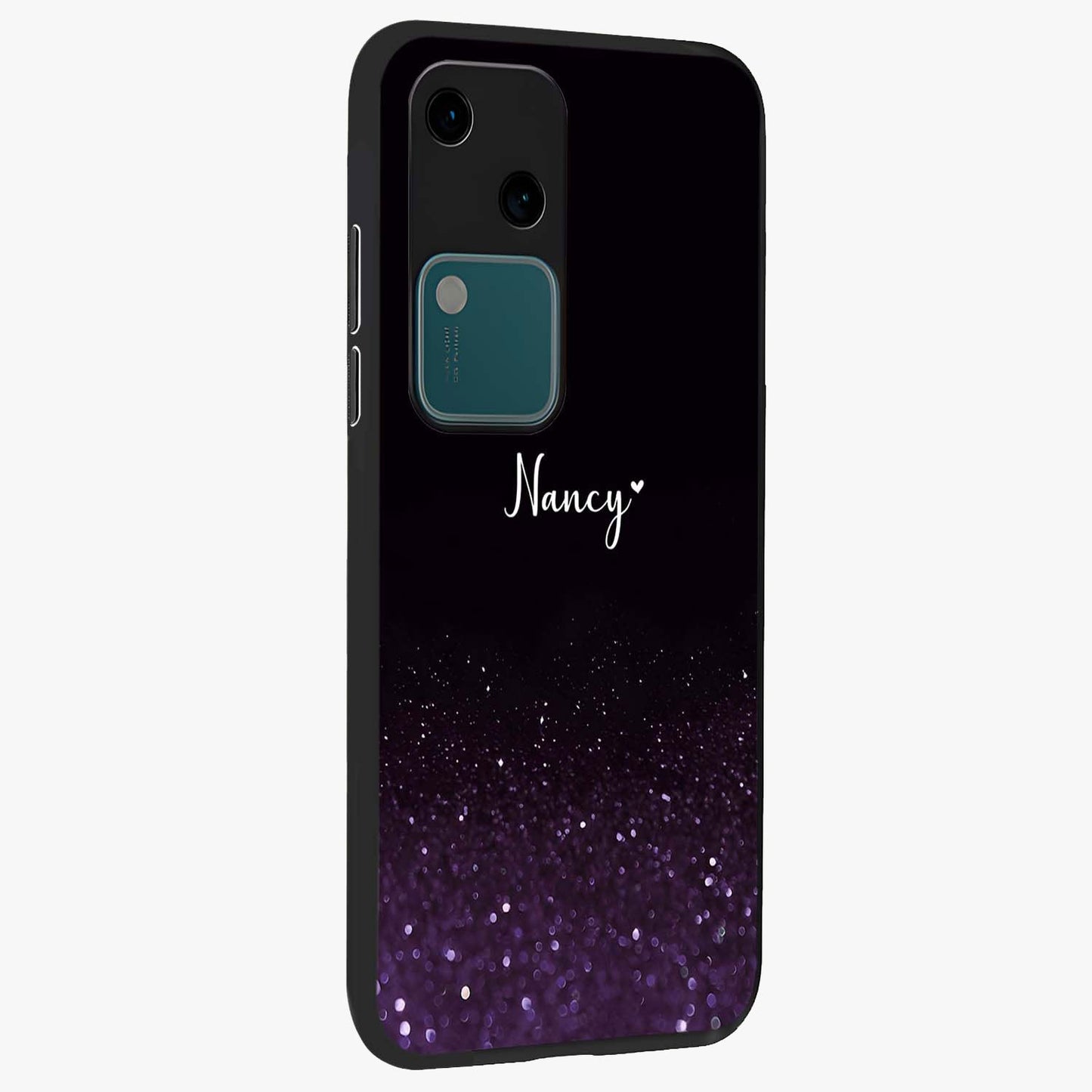 Glittery Purple Bokeh Custom Name Glass Case upright view showcasing vibrant purple sparkle artwork with personalized aesthetic style.
