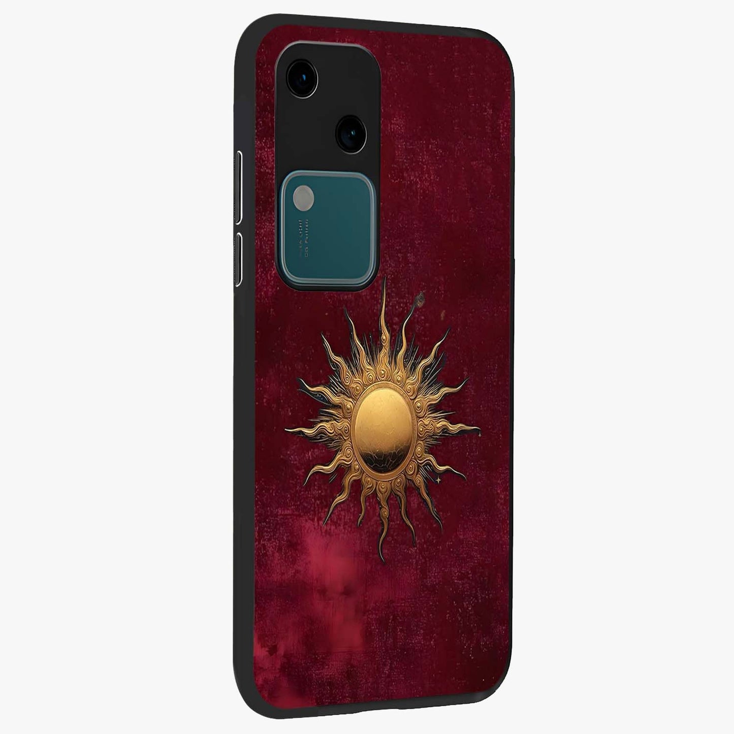 Golden Sun Minimalism Glass Case upright view showcasing simple golden sun artwork with elegant minimalist style.