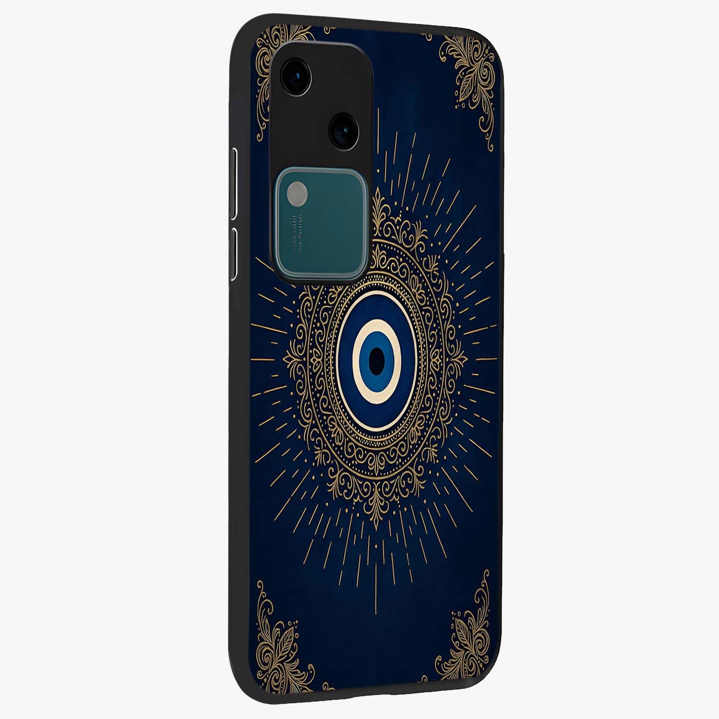 Golden Celestial Charm Glass Case upright view showcasing radiant celestial artwork with elegant golden theme.