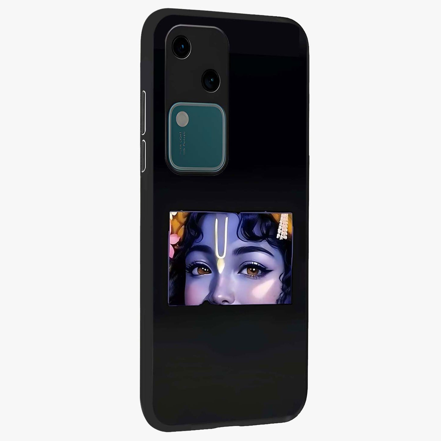 Krishna Divine Embrace Glass Case upright view showcasing sacred Krishna artwork with peaceful devotional theme.