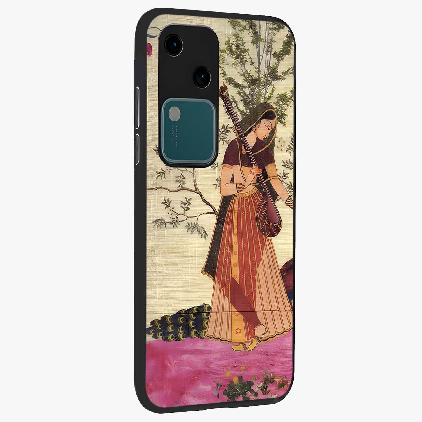 Lady With Veena Art Glass Case upright view showcasing classical veena artwork with traditional artistic theme.