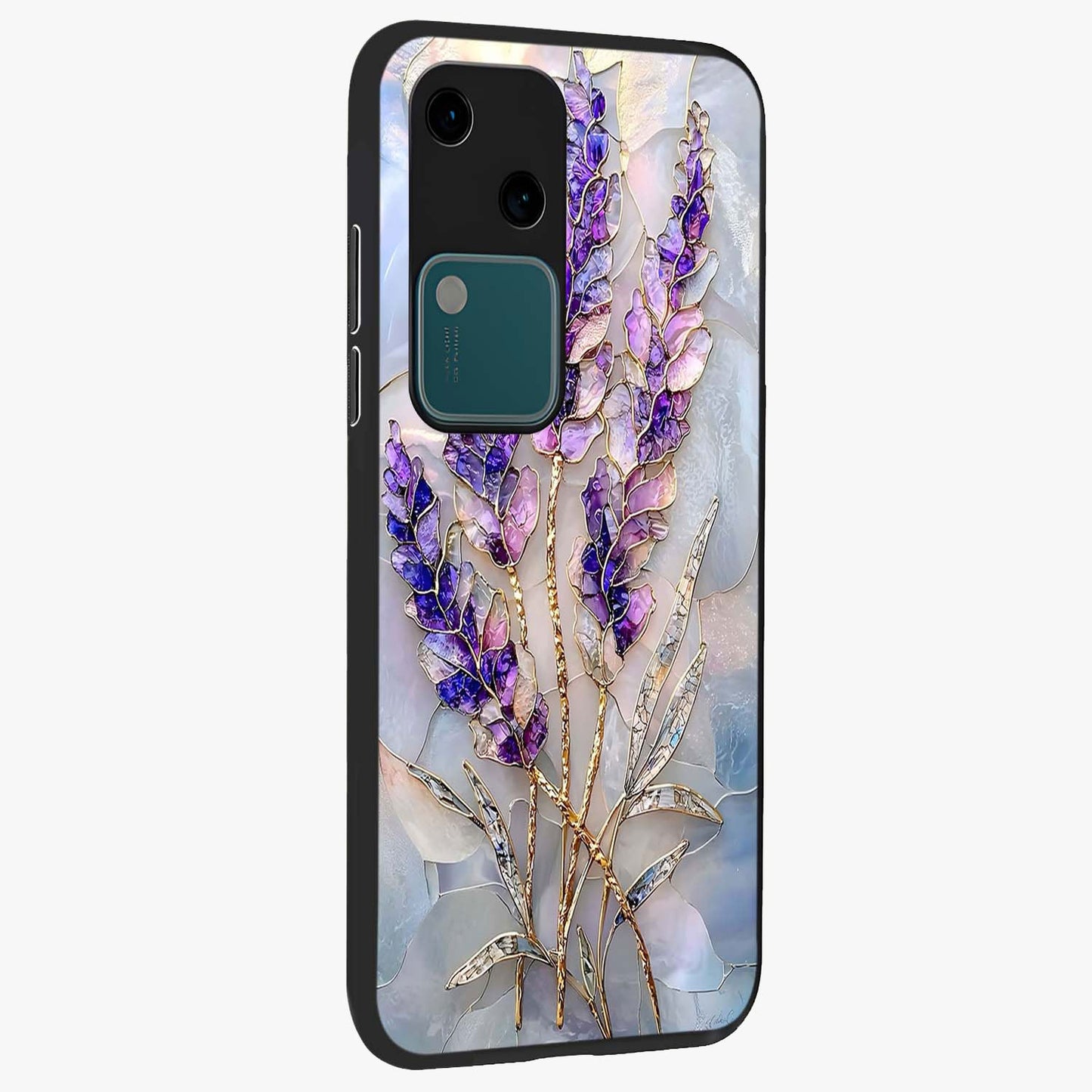 Lavender Dream Glow Glass Case upright view showcasing radiant lavender glow artwork with calming dreamy theme.