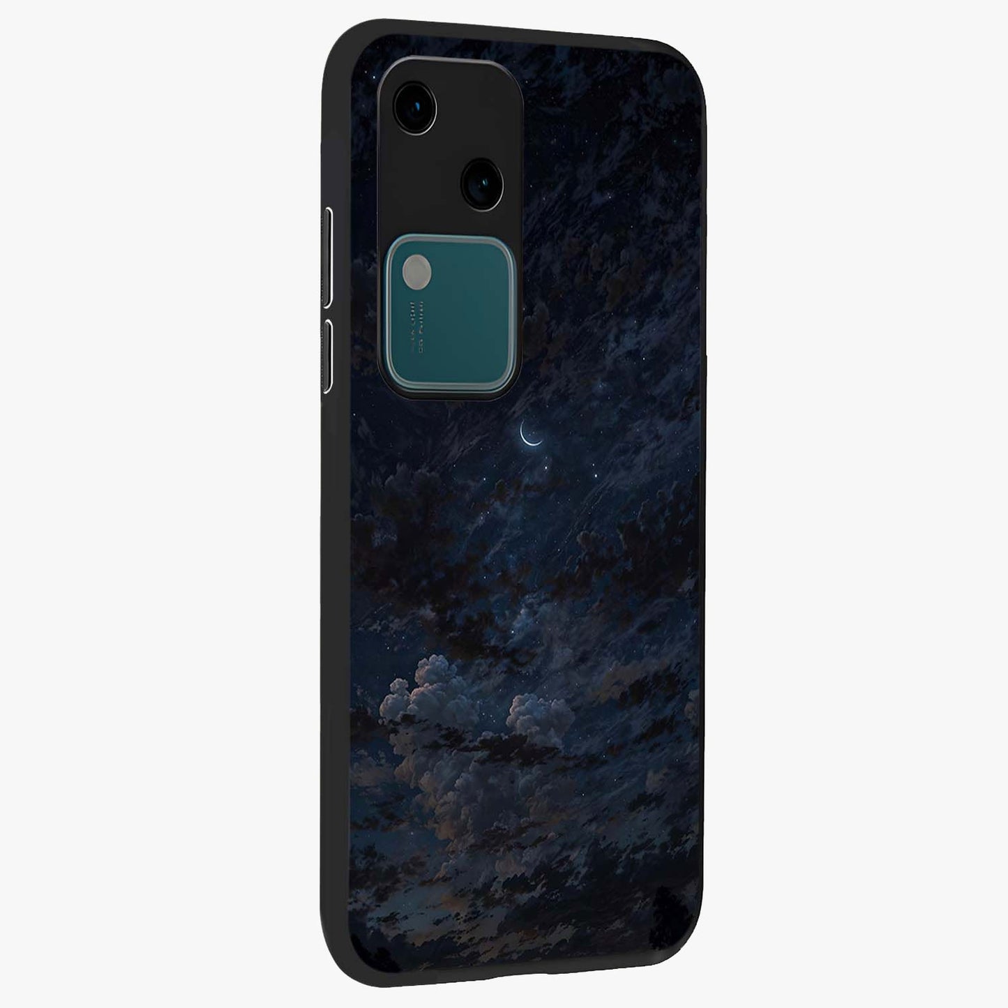 Lunar Veil Silence Glass Case upright view showcasing calm moon themed artwork with serene night atmosphere.
