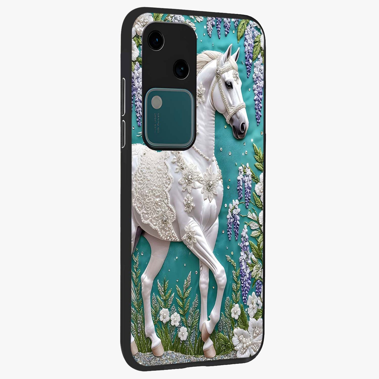 Majestic Floral Stallion Glass Case upright view showcasing dramatic horse artwork with decorative floral theme.