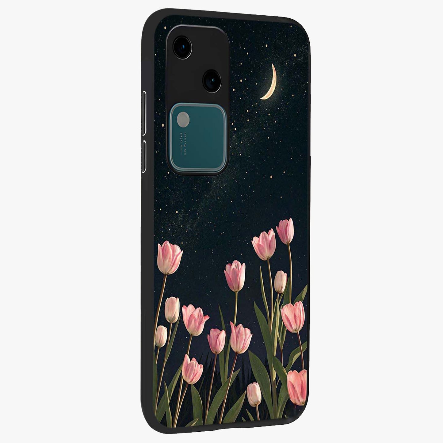 Midnight Tulip Whispers Vibe Glass Case upright view showcasing graceful tulip artwork with calm botanical theme.