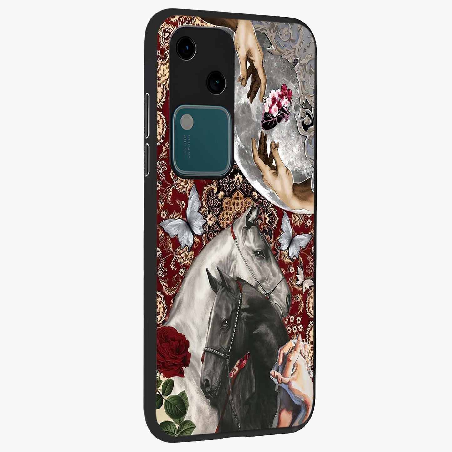 Moonlit Royal Stallion Glass Case upright view showcasing dramatic horse artwork with glowing moon themed design.