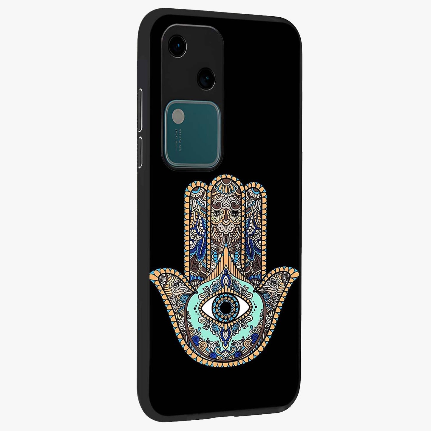 Mystic Hamsa Eye Glass Case upright view showcasing detailed hamsa eye artwork with protective spiritual theme.
