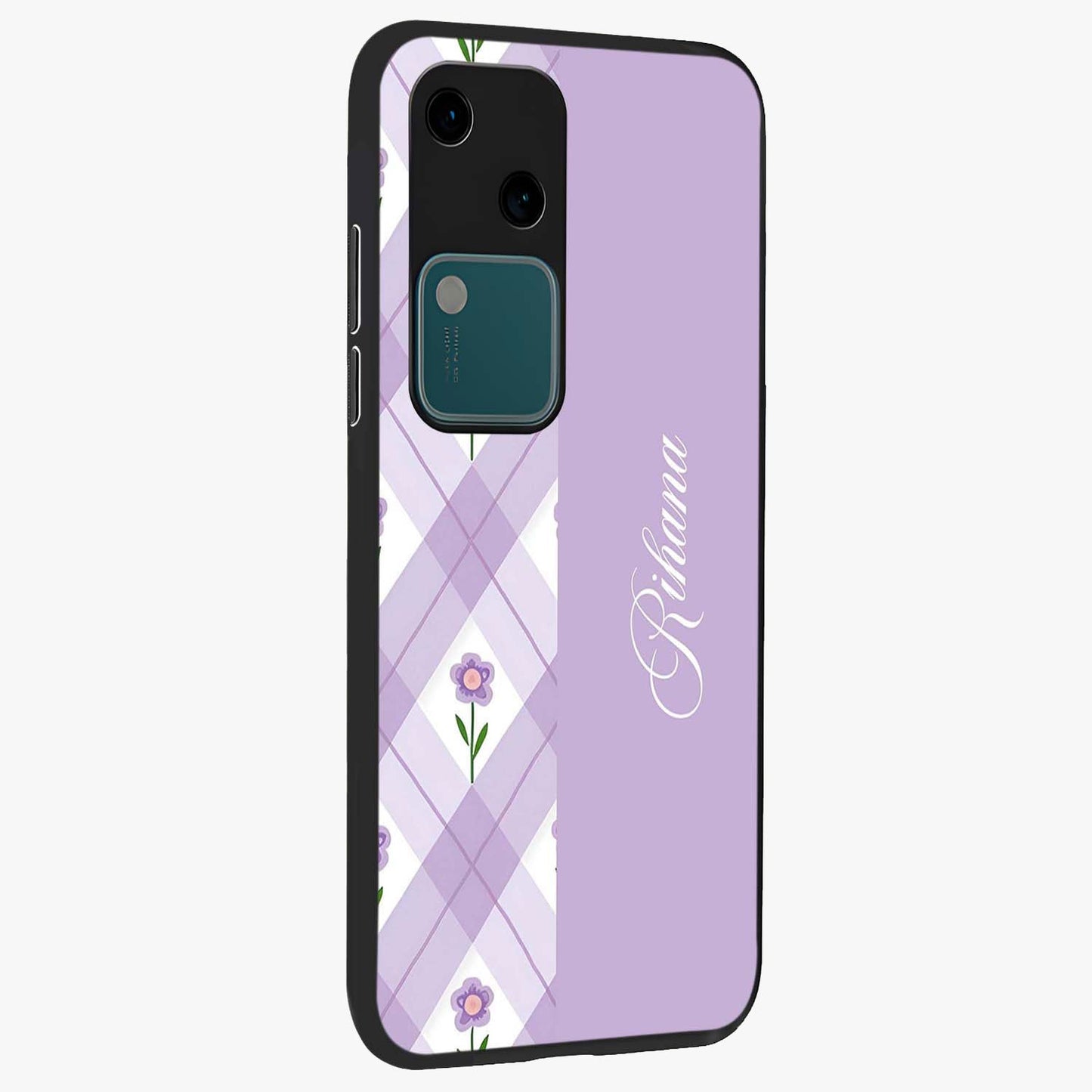 Purple Diamond Floral Glass Case upright view showcasing vibrant floral artwork with stylish geometric theme.