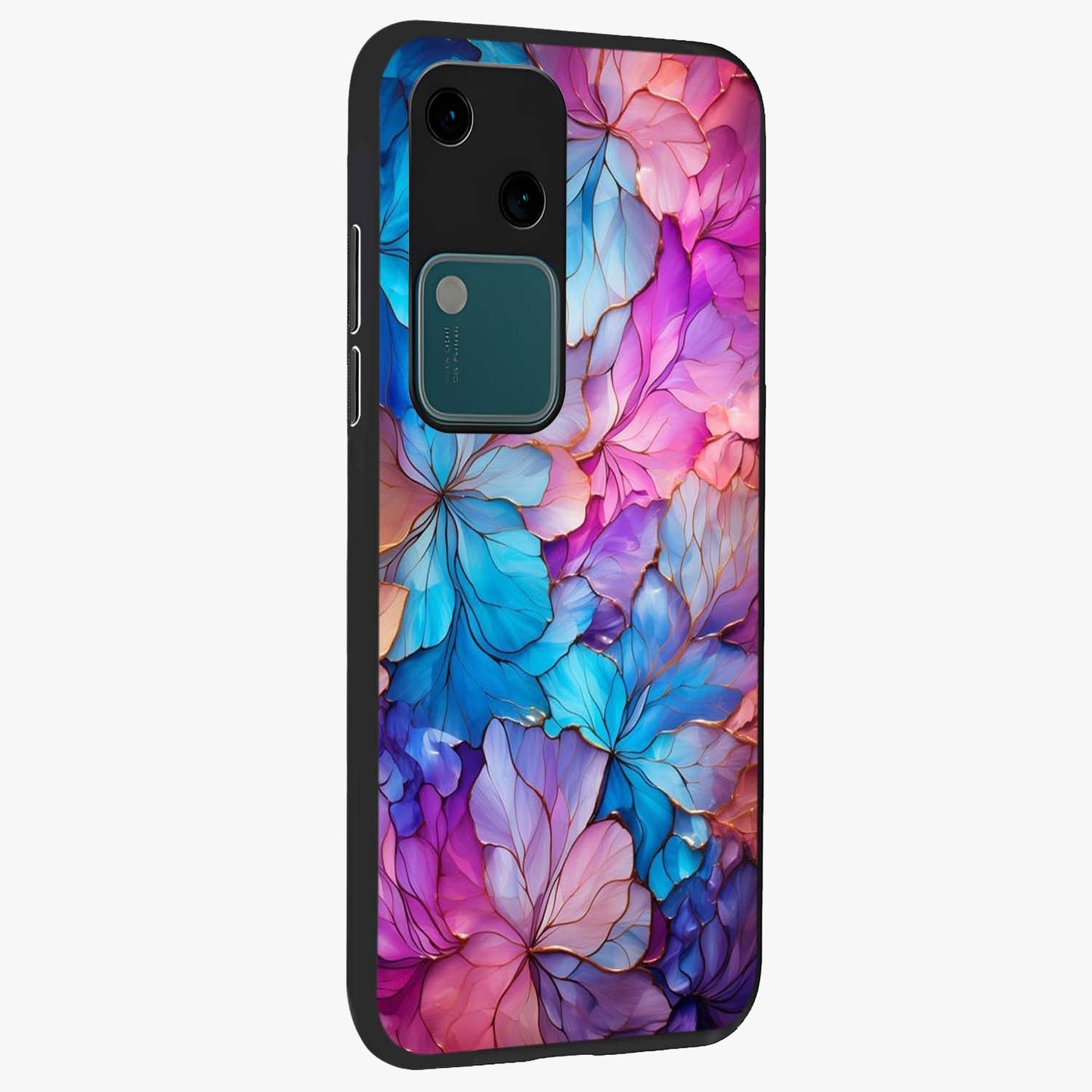 Radiant Floral Whirl Glass Case upright view showcasing lively floral artwork with decorative swirl theme.
