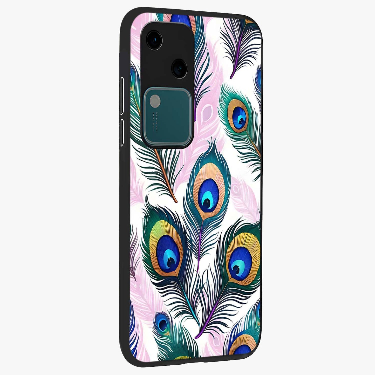 Royal Peacock Feathers Glass Case upright view showcasing elegant peacock feather artwork with decorative royal theme.