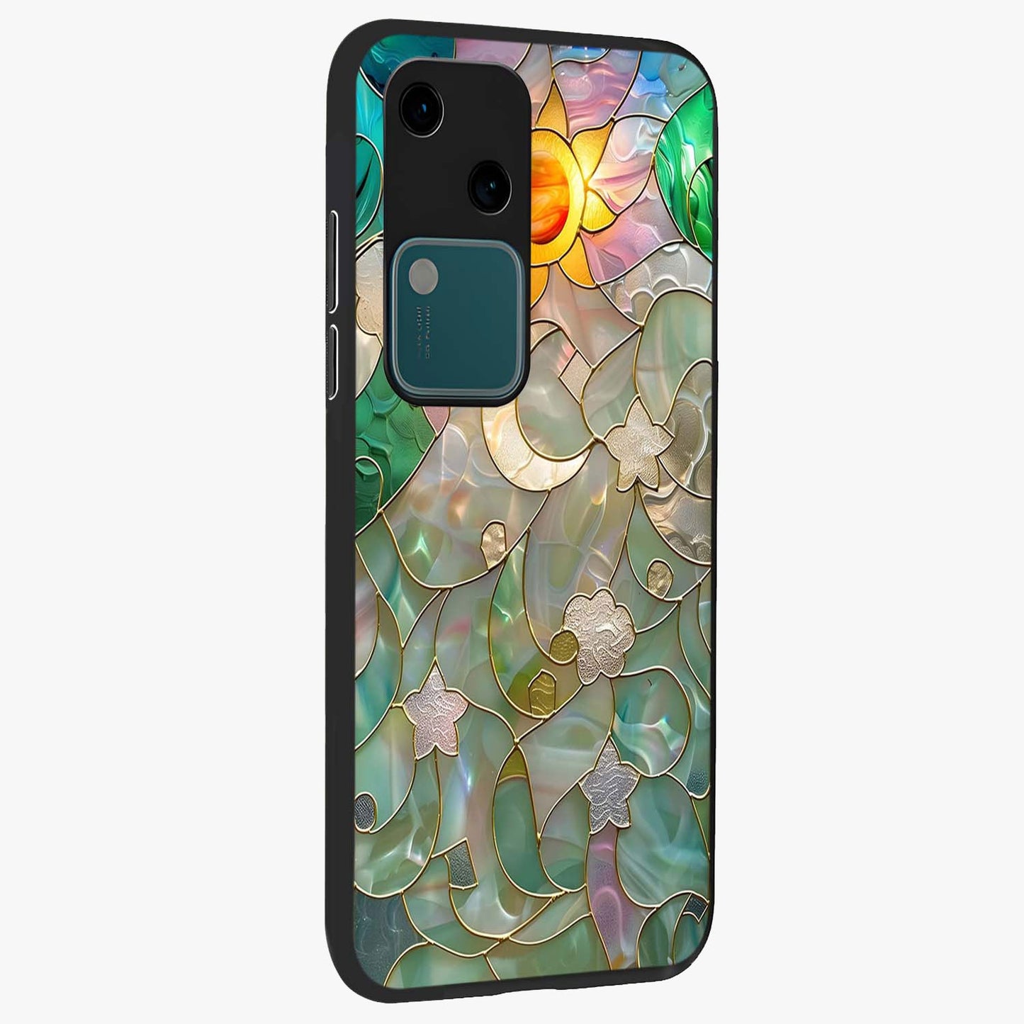 Stained Sunrise Glow Glass Case upright view showcasing colorful sunrise artwork with warm morning theme.