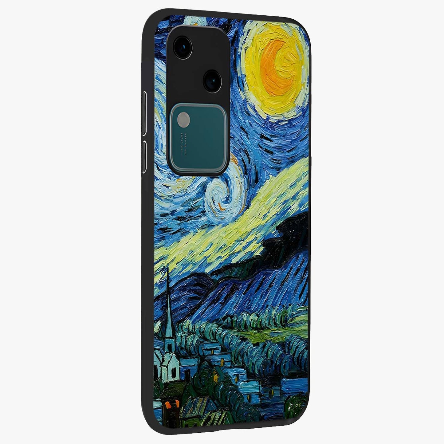 Van Gogh Art Glass Case upright view showcasing expressive painting style artwork with timeless artistic theme.