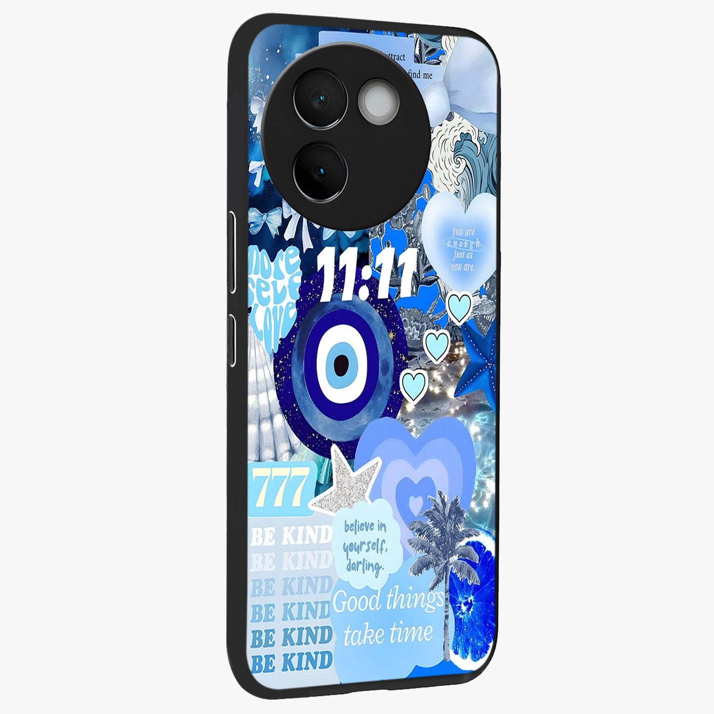Aesthetic Be Kind Eye Glass Case upright view showcasing stylish eye illustration with positive message theme.