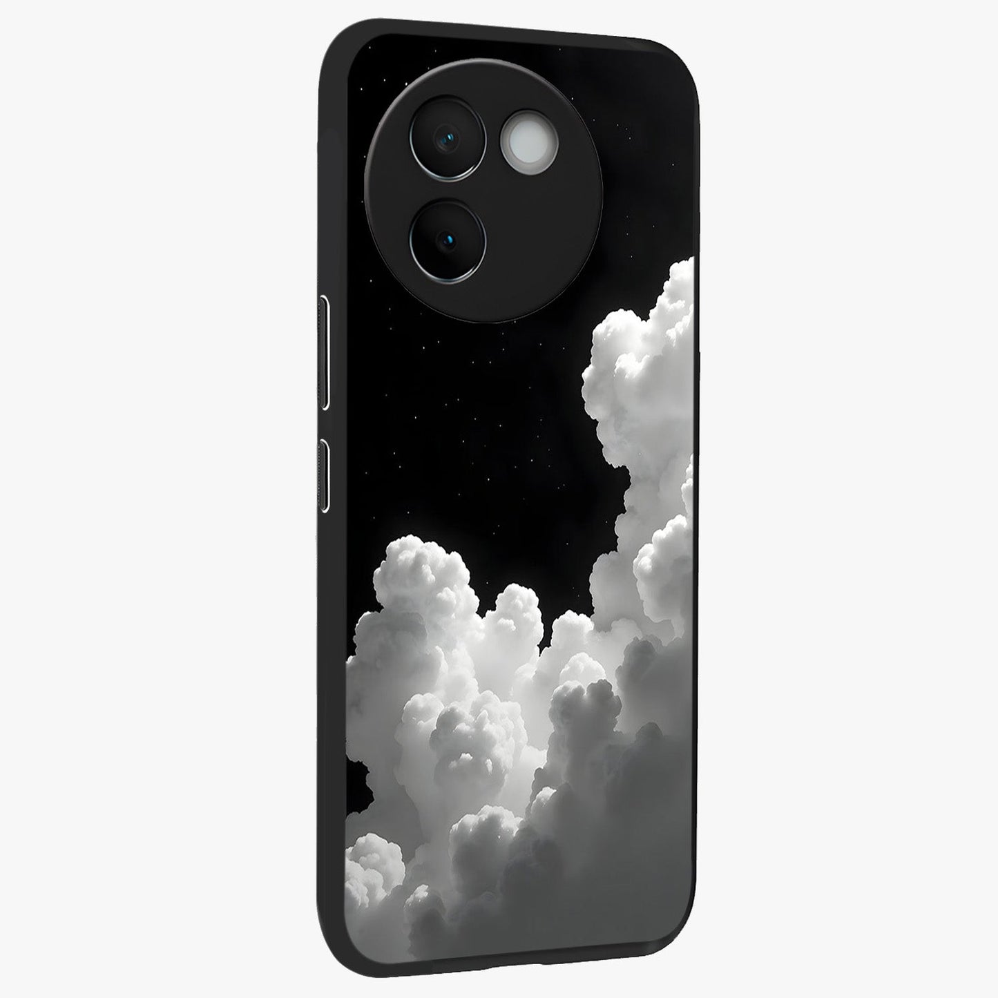 Black Background With White Cloud Glass Case upright view showcasing calm cloud aesthetic with modern minimal style.