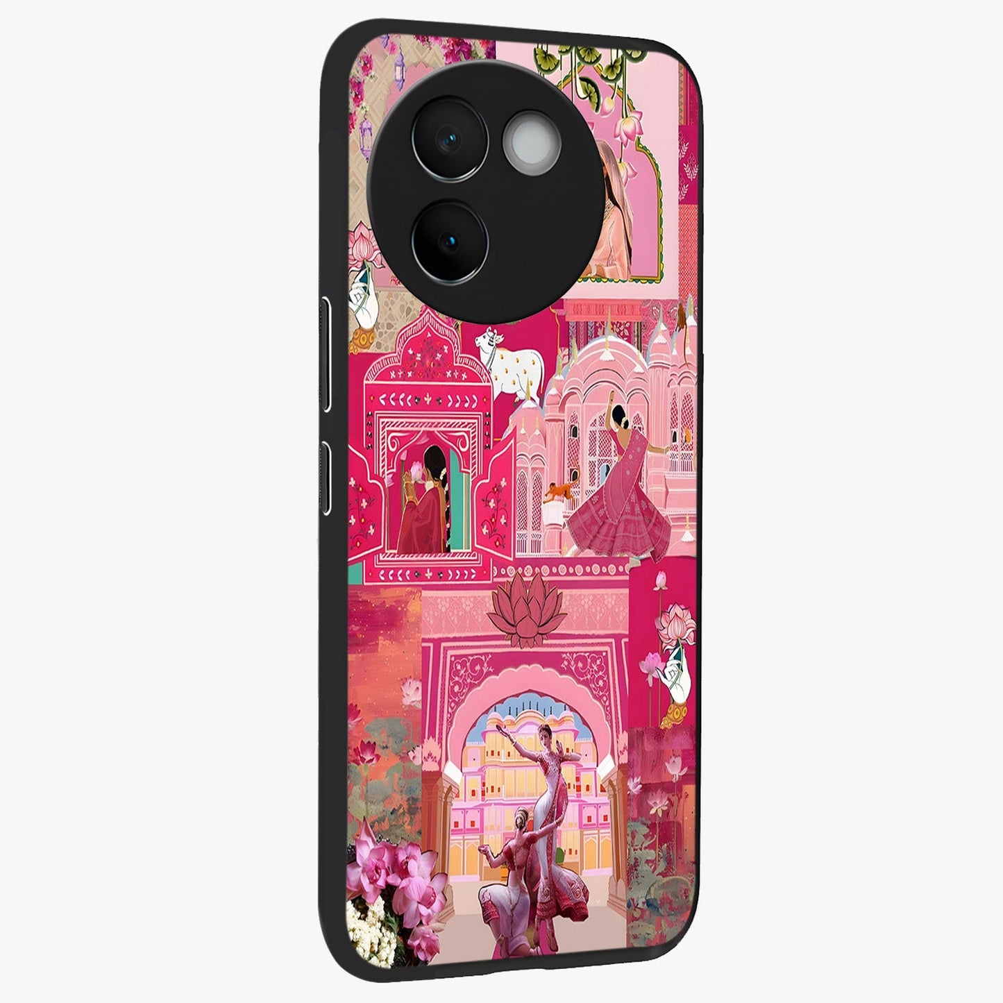 Blossoms of Rajasthan Glass Case upright view showcasing colorful floral design inspired by traditional Indian art.