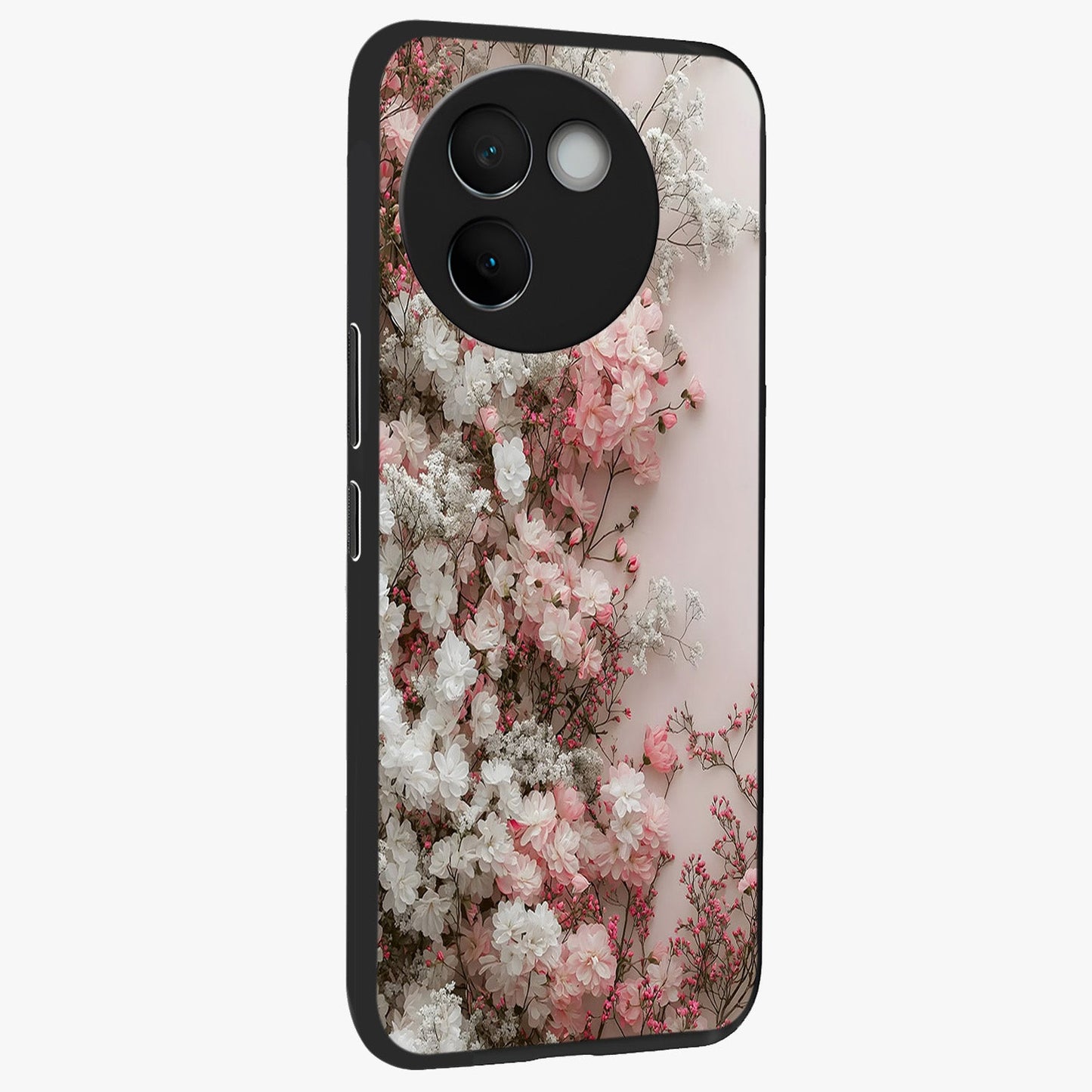 Blush Blossom Cloud Glass Case upright view showcasing calm floral cloud artwork with gentle dreamy theme.