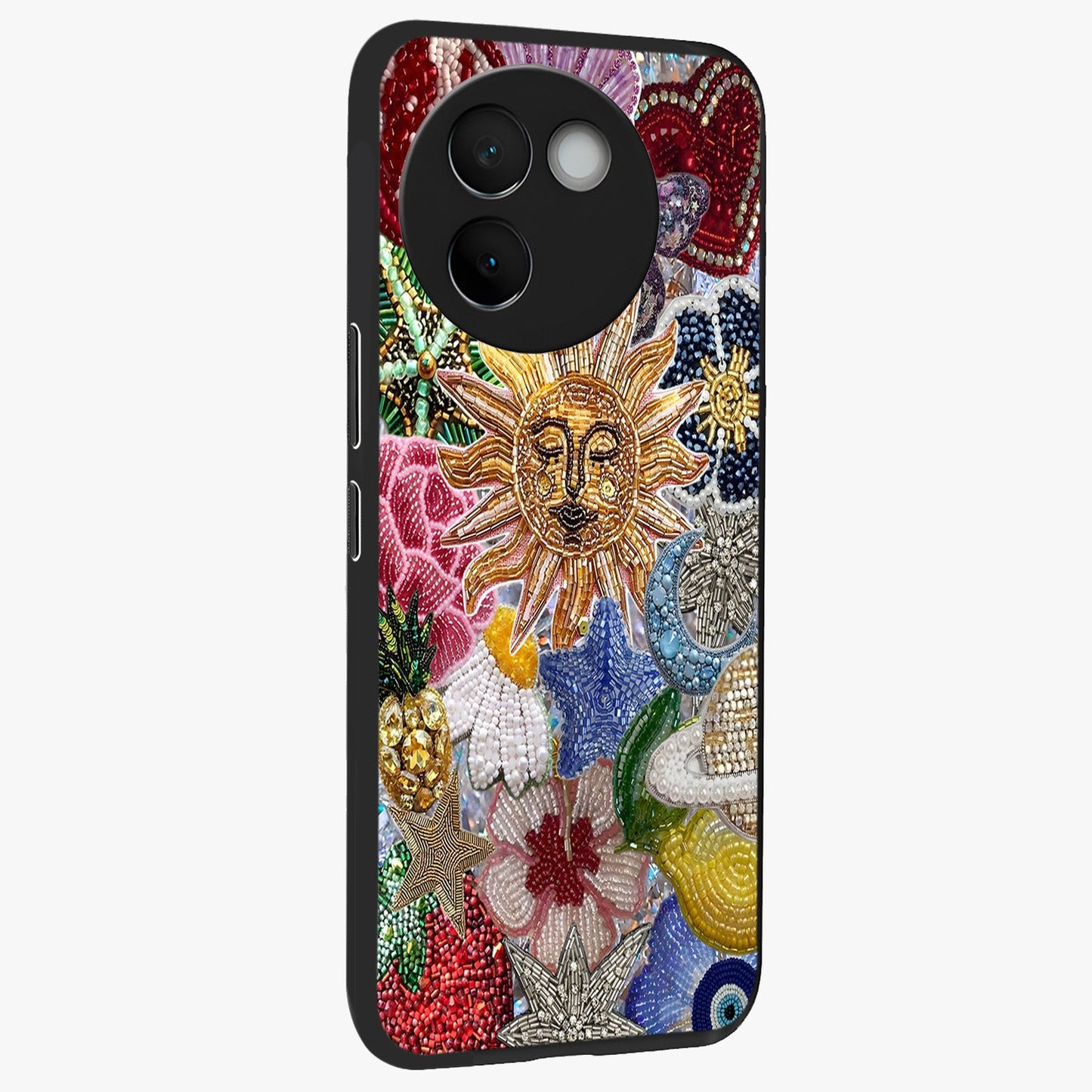 Celestial Floral and Playful Glass Case upright view showcasing whimsical floral artwork with cosmic aesthetic theme.