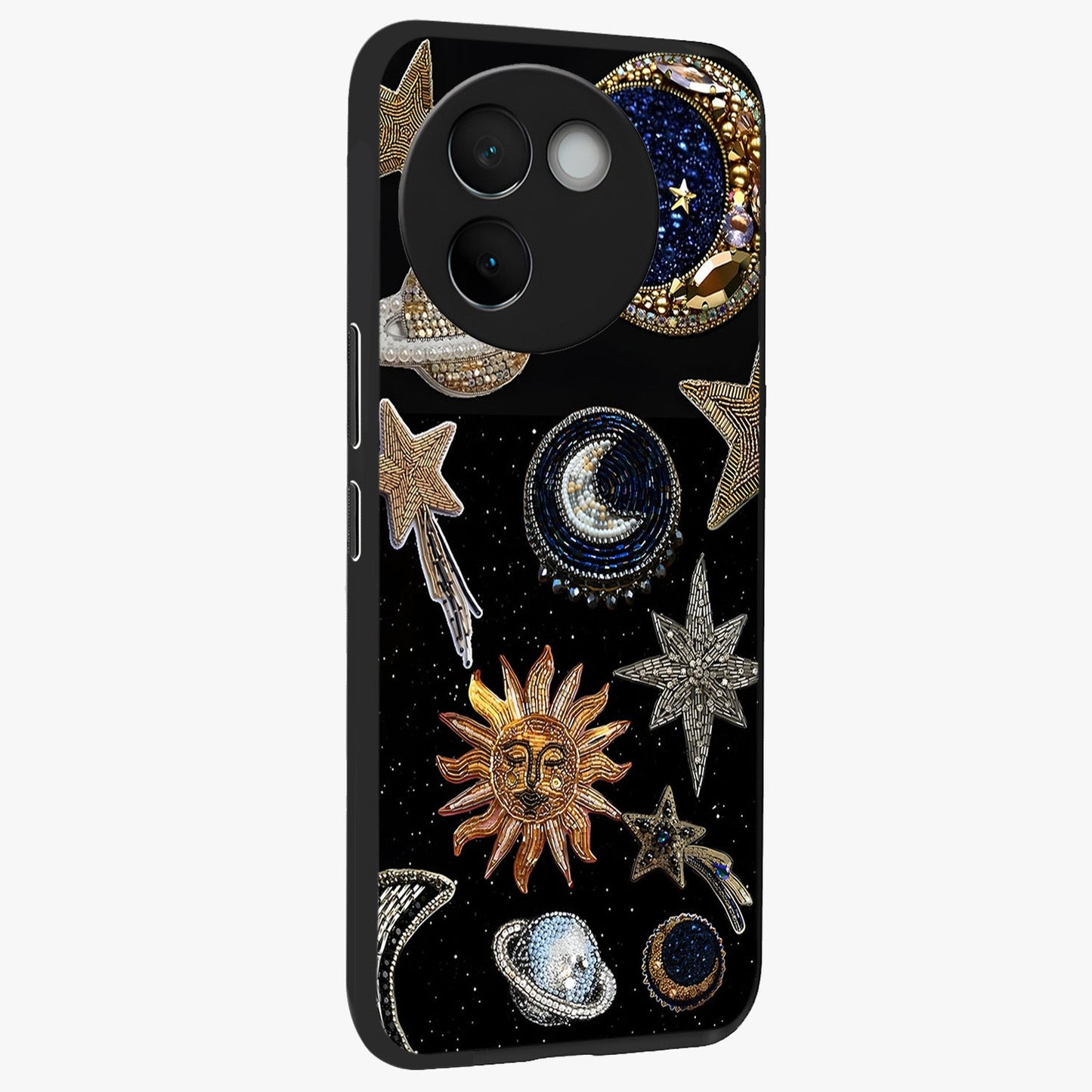 Celestial Gem Constellations Glass Case upright view showcasing cosmic constellation artwork with celestial aesthetic style.