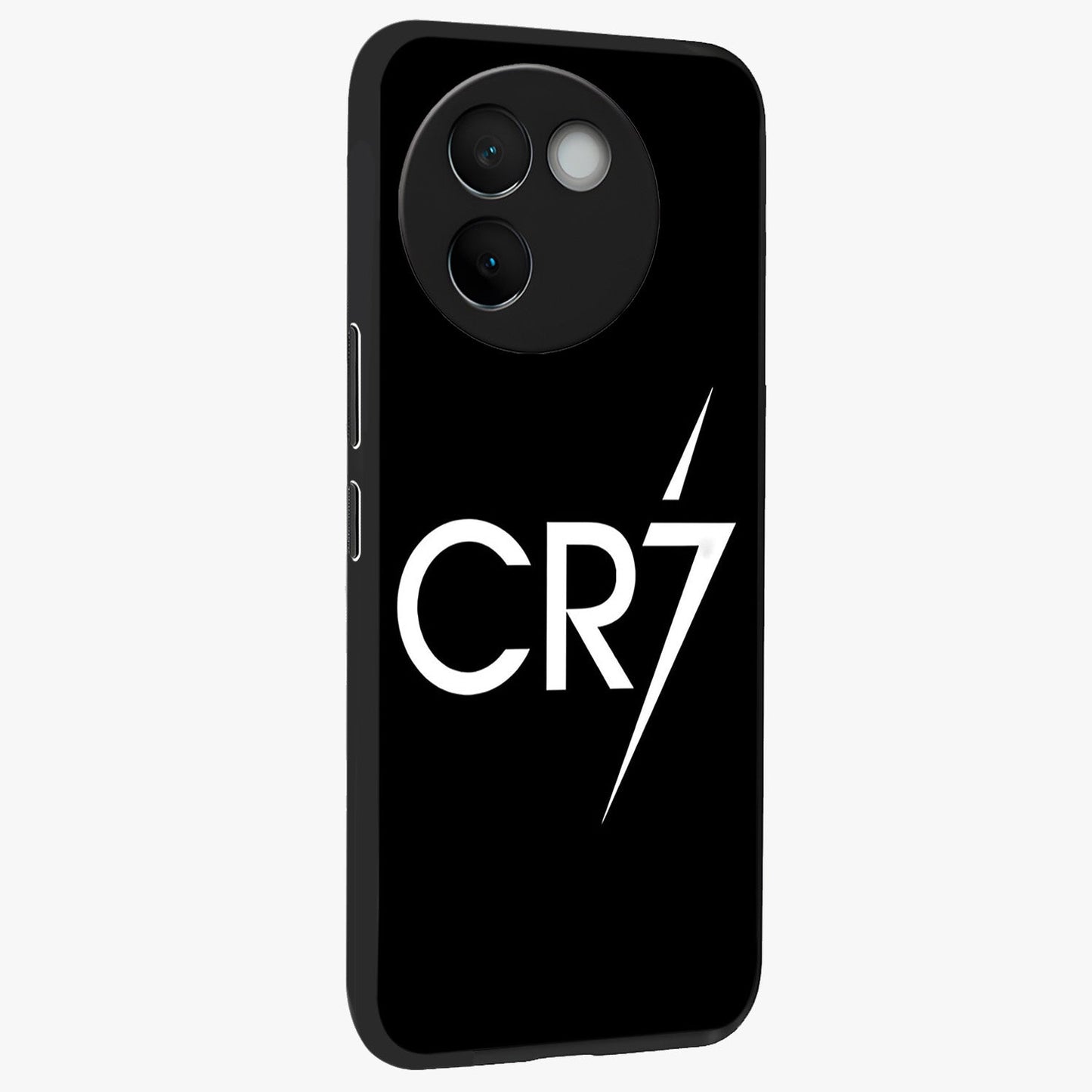Cr7 Elite Strike Glass Case upright view showcasing energetic football inspired design with modern sports aesthetic.