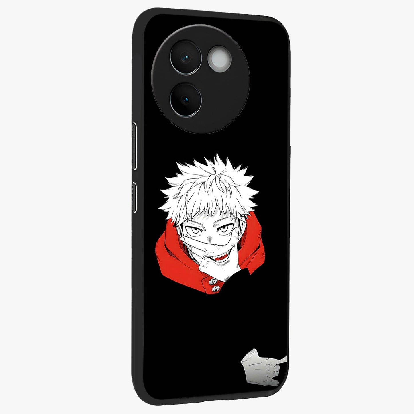 Crimson Chaos Smile Glass Case upright view showcasing expressive chaotic artwork with striking visual theme.