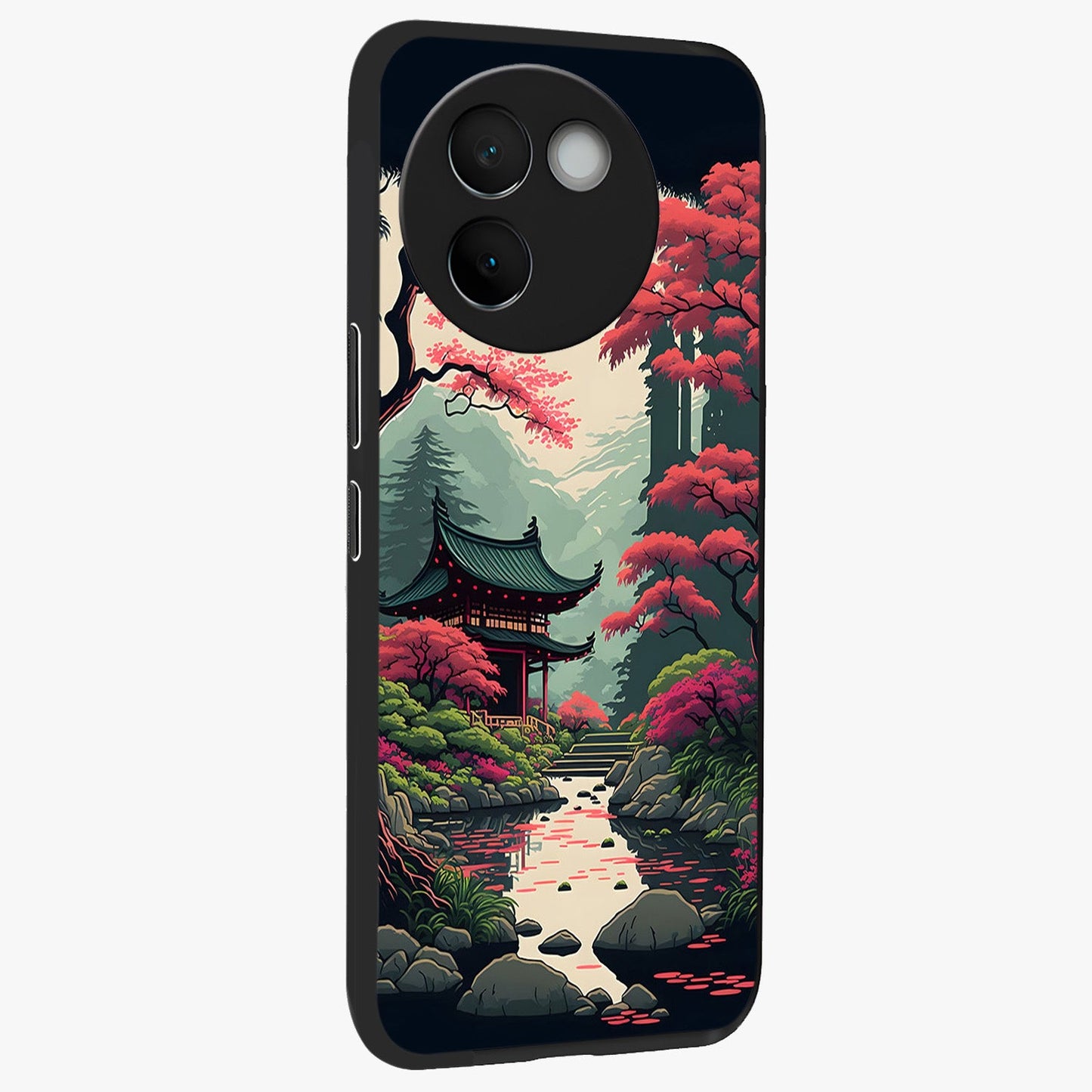 Crimson Temple View Glass Case upright view showcasing architectural temple artwork with dramatic crimson theme.