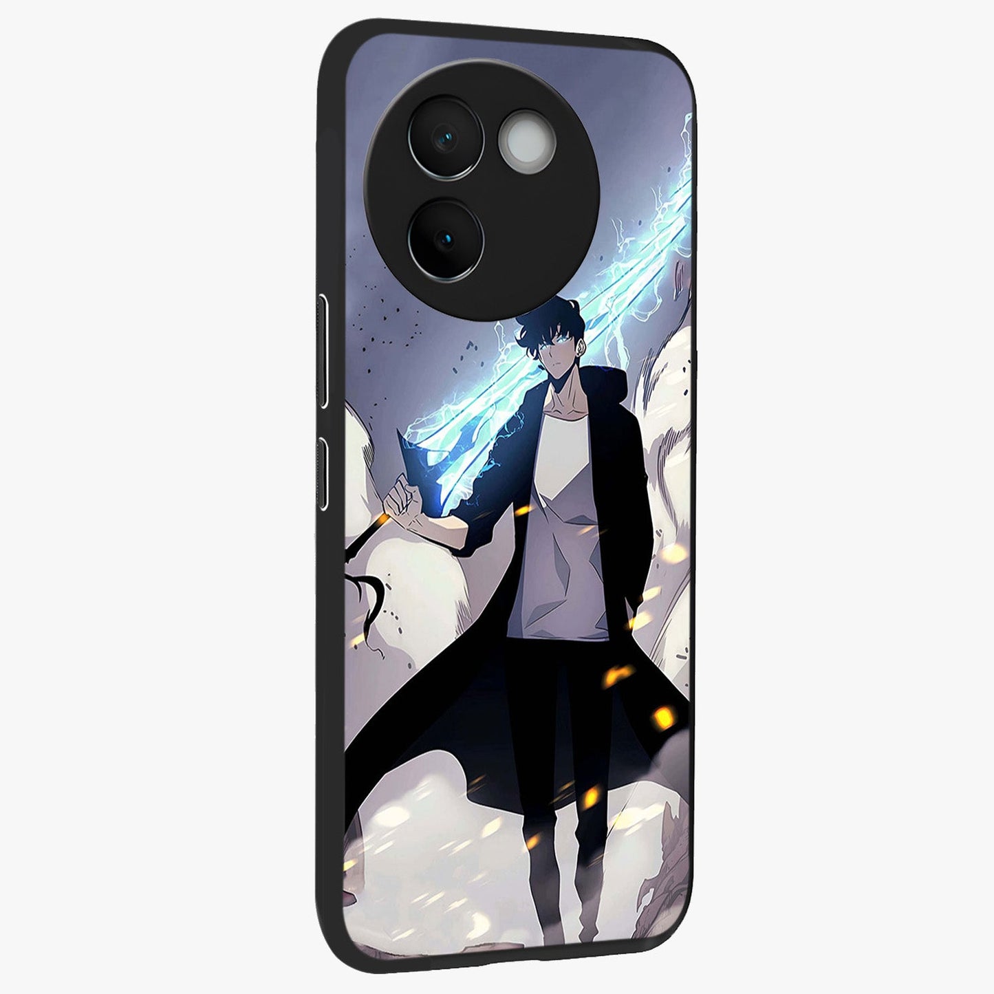 Dark Lightning Anime Warrior Glass Case upright view showcasing dramatic warrior artwork with dark lightning aesthetic.