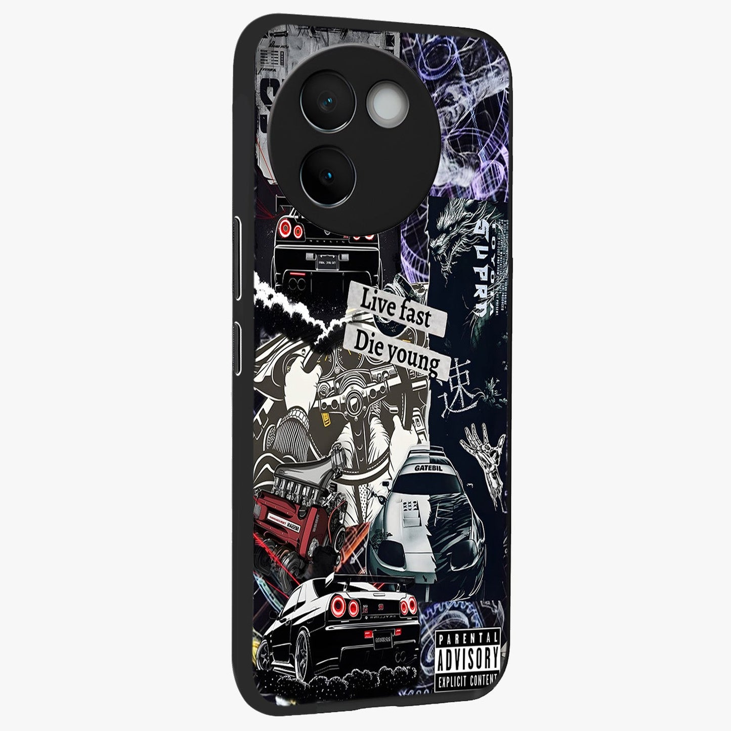 Die Young Glass Case upright view showcasing striking typography artwork with modern statement theme.