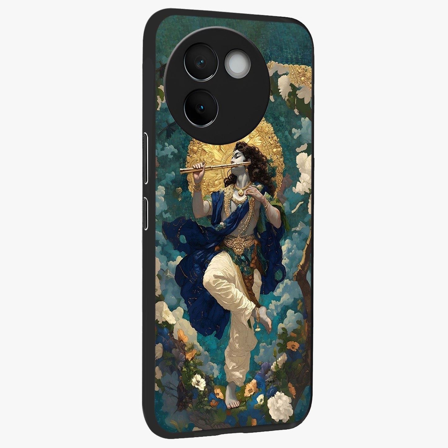 Divine Krishna Art Glass Case upright view showcasing divine Krishna artwork with sacred artistic theme.