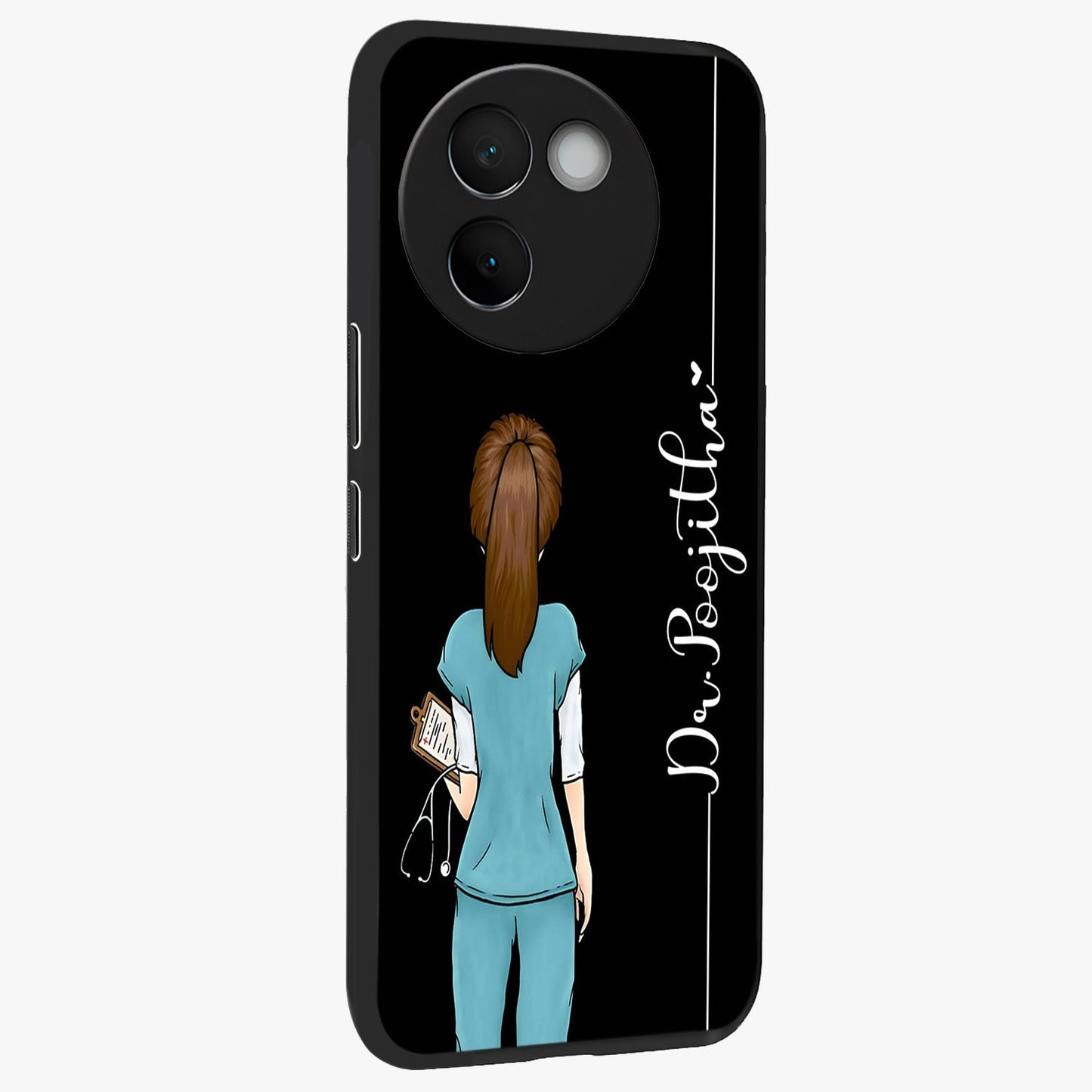 Doctor Pattern Custom Name Glass Case upright view showcasing healthcare themed design with personalized aesthetic.