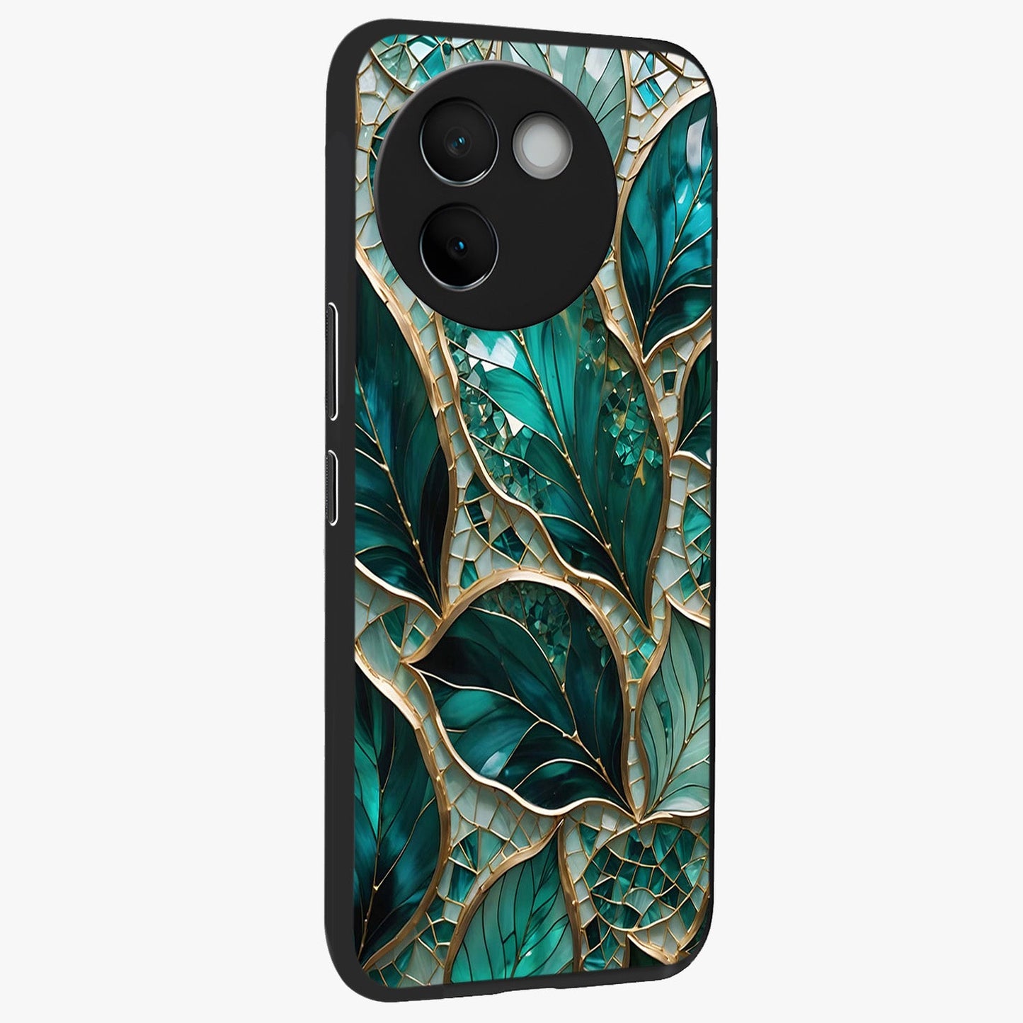 Emerald Leaf Glass Glass Case upright view showcasing fresh green leaf artwork with calming nature inspired style.