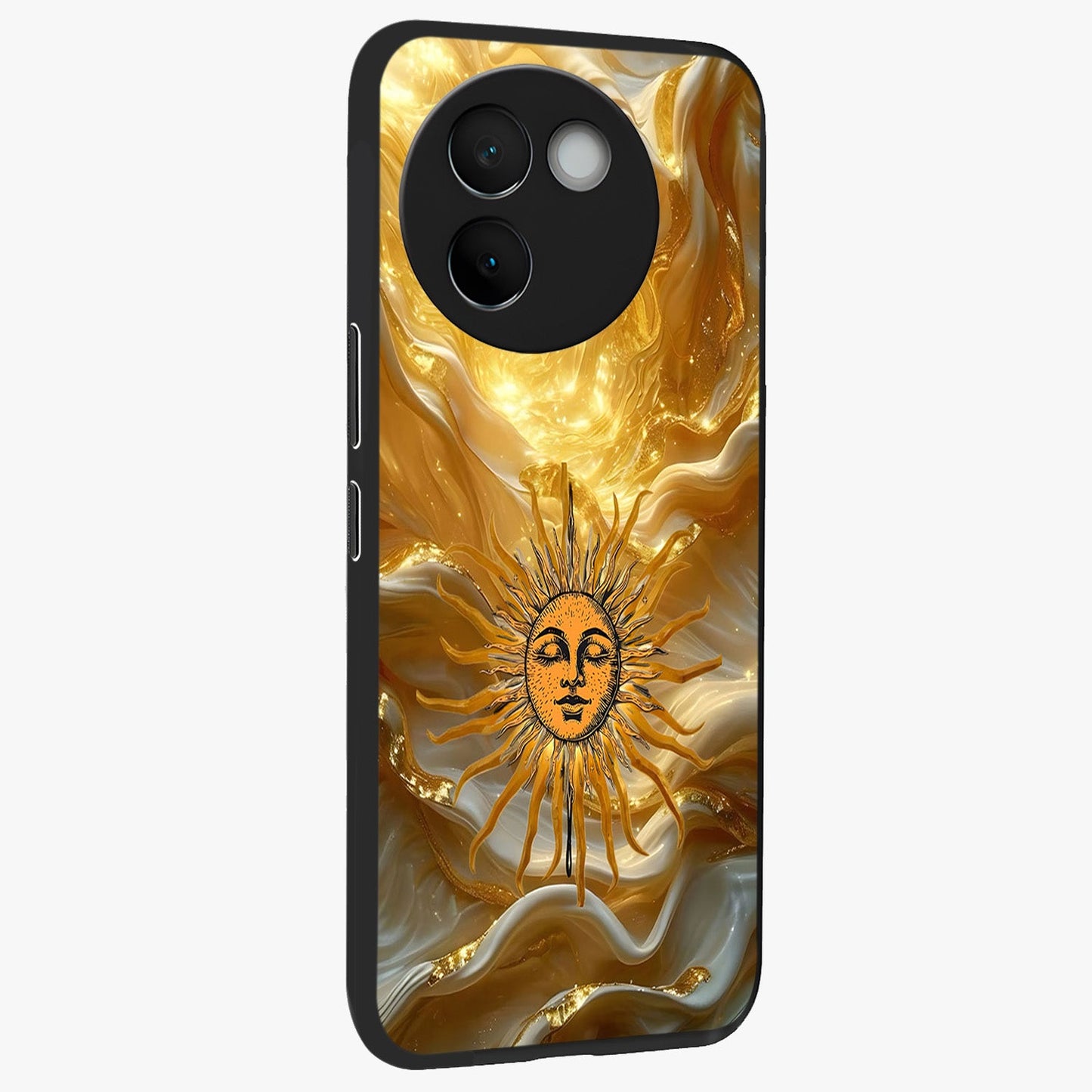 Eternal Golden Glow Glass Case upright view showcasing luminous golden artwork with luxurious visual theme.