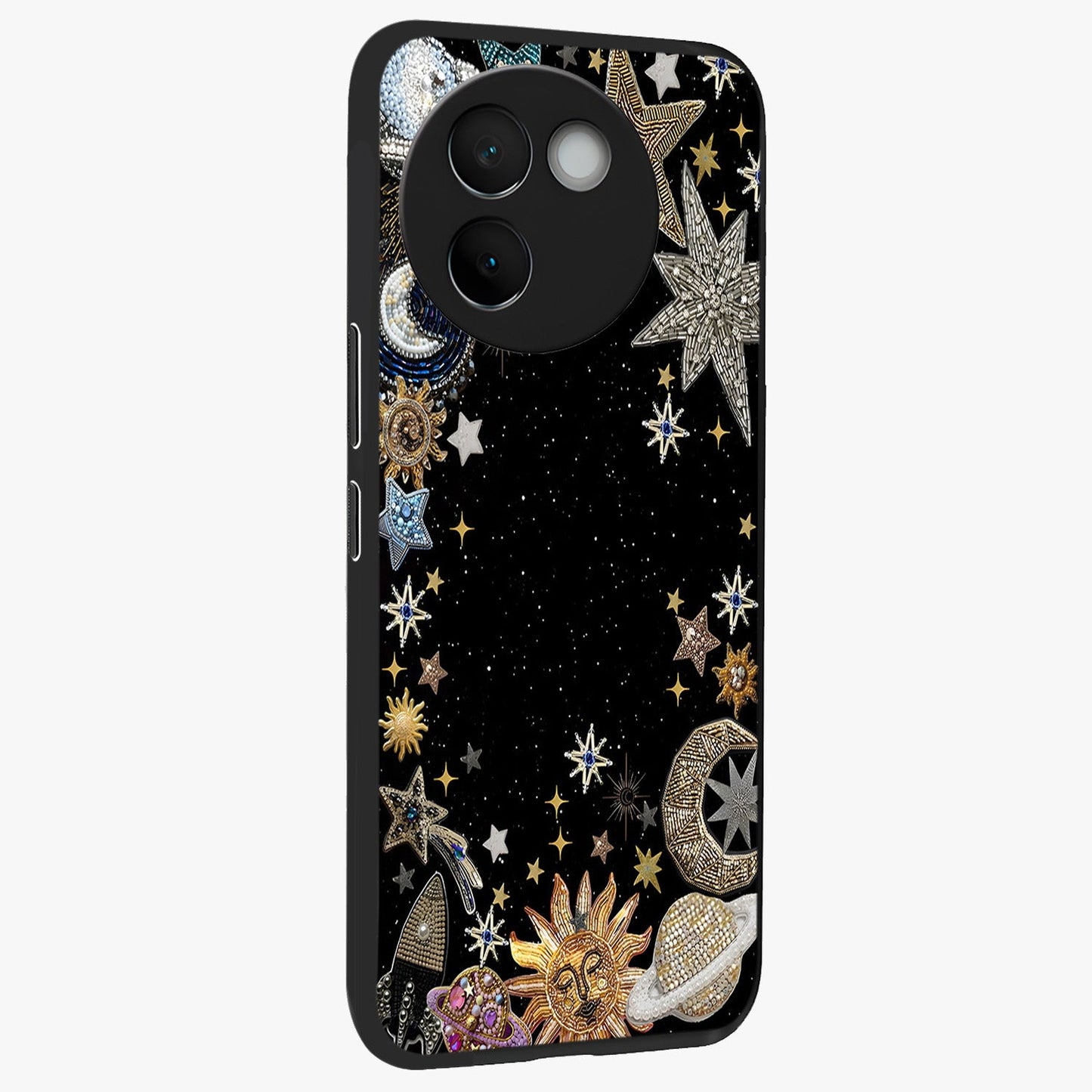 Galactic Jewel Stars Glass Case upright view showcasing glittering star jewel artwork with vibrant galaxy theme.