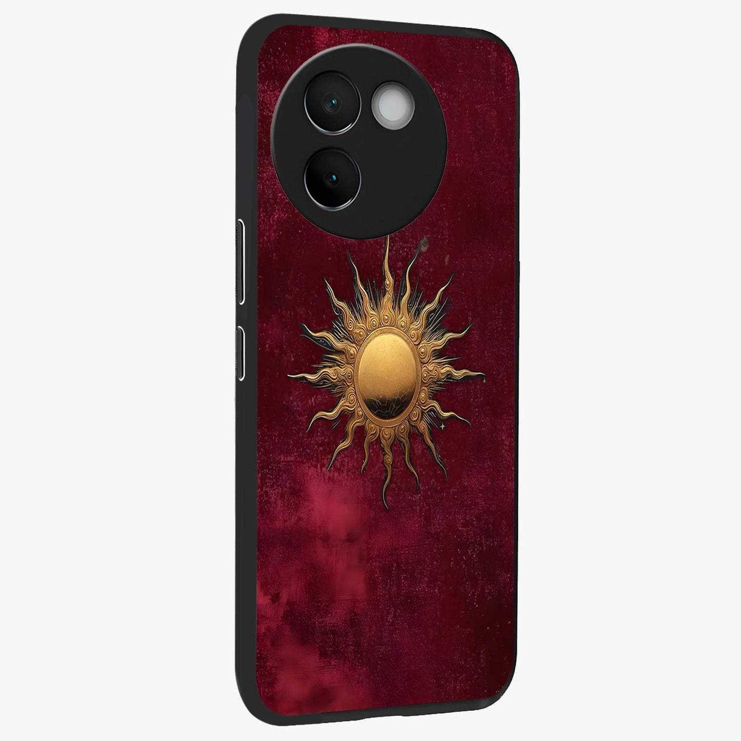 Golden Sun Minimalism Glass Case upright view showcasing simple golden sun artwork with elegant minimalist style.
