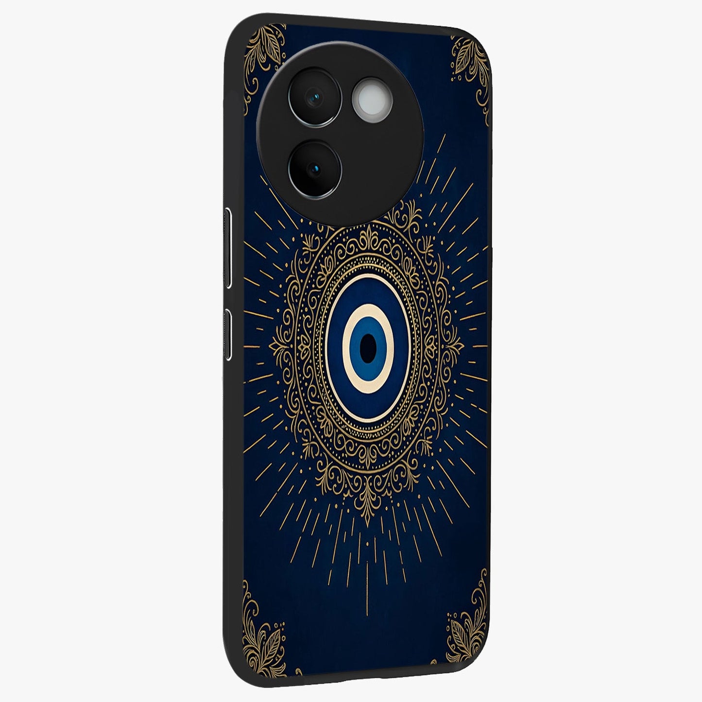 Golden Celestial Charm Glass Case upright view showcasing radiant celestial artwork with elegant golden theme.