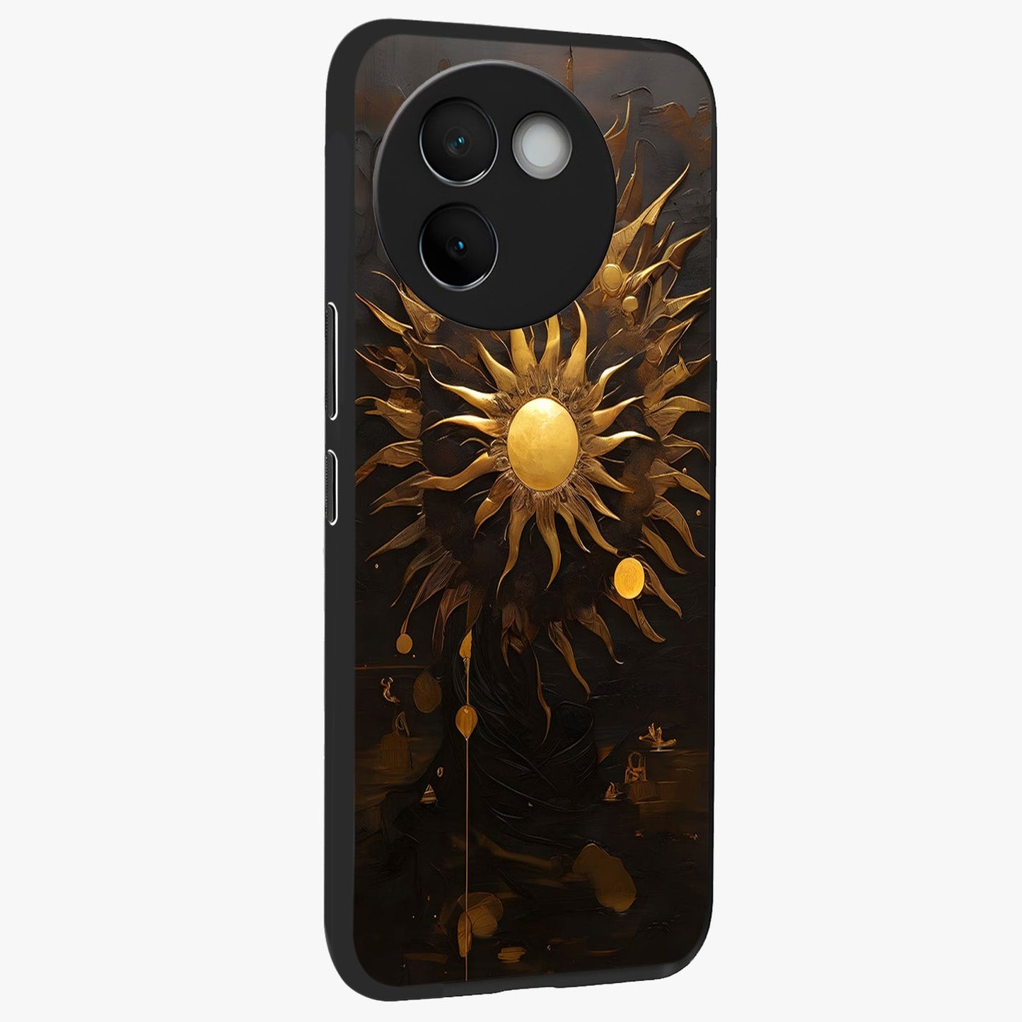 Golden Sun Majesty Glass Case upright view showcasing haunting graveyard artwork with dramatic dark theme.