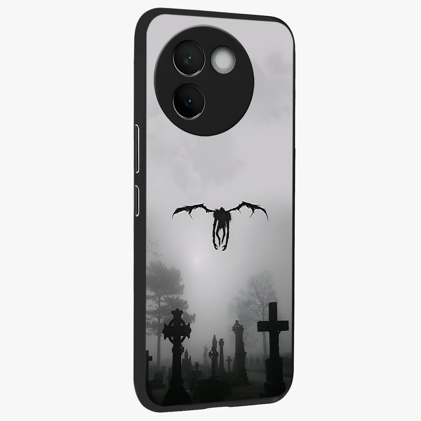Graveyard Shadow Descent Glass Case upright view showcasing haunting graveyard artwork with dramatic dark theme.