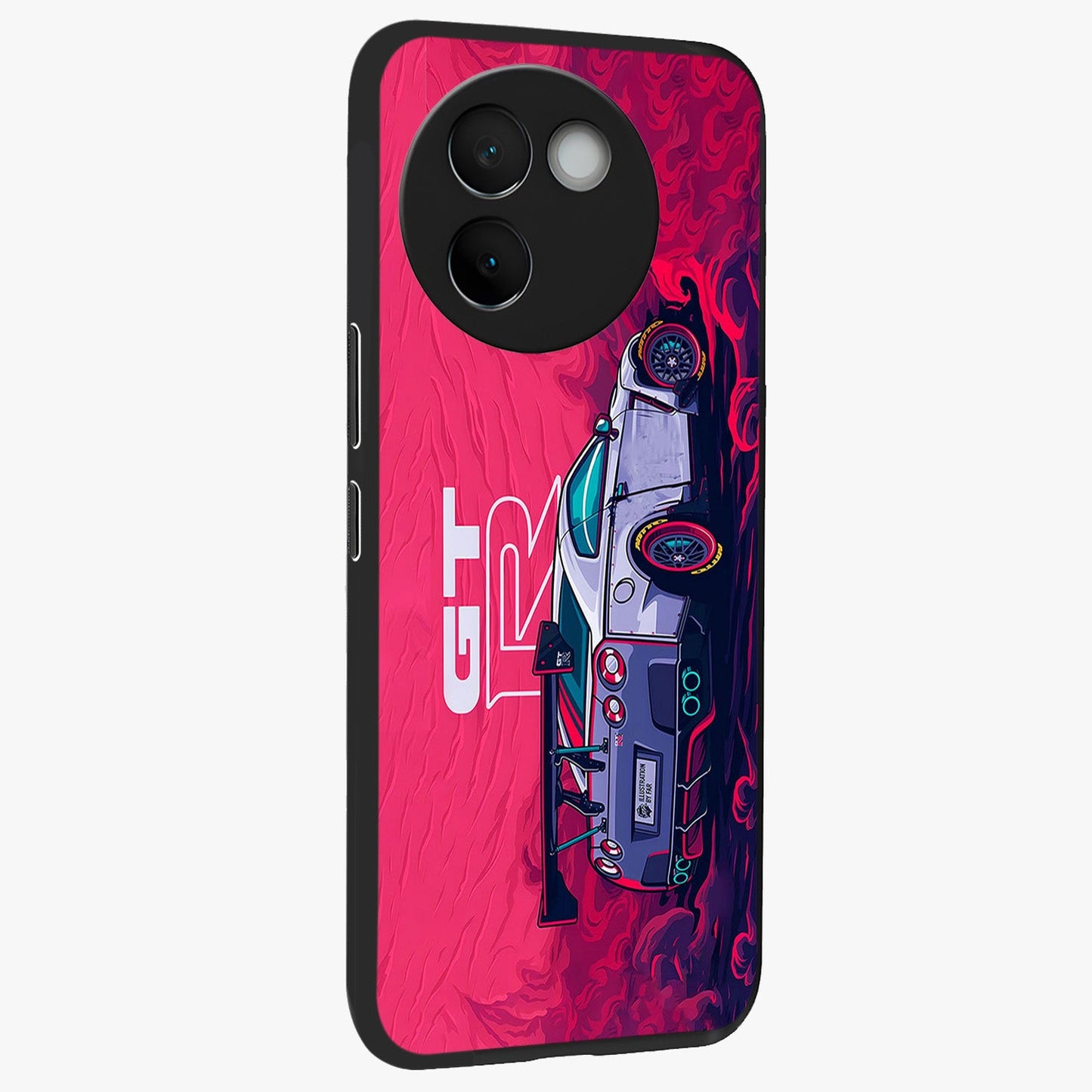 GT-R Car Pattern Glass Case upright view showcasing dynamic car pattern artwork with modern sports theme.