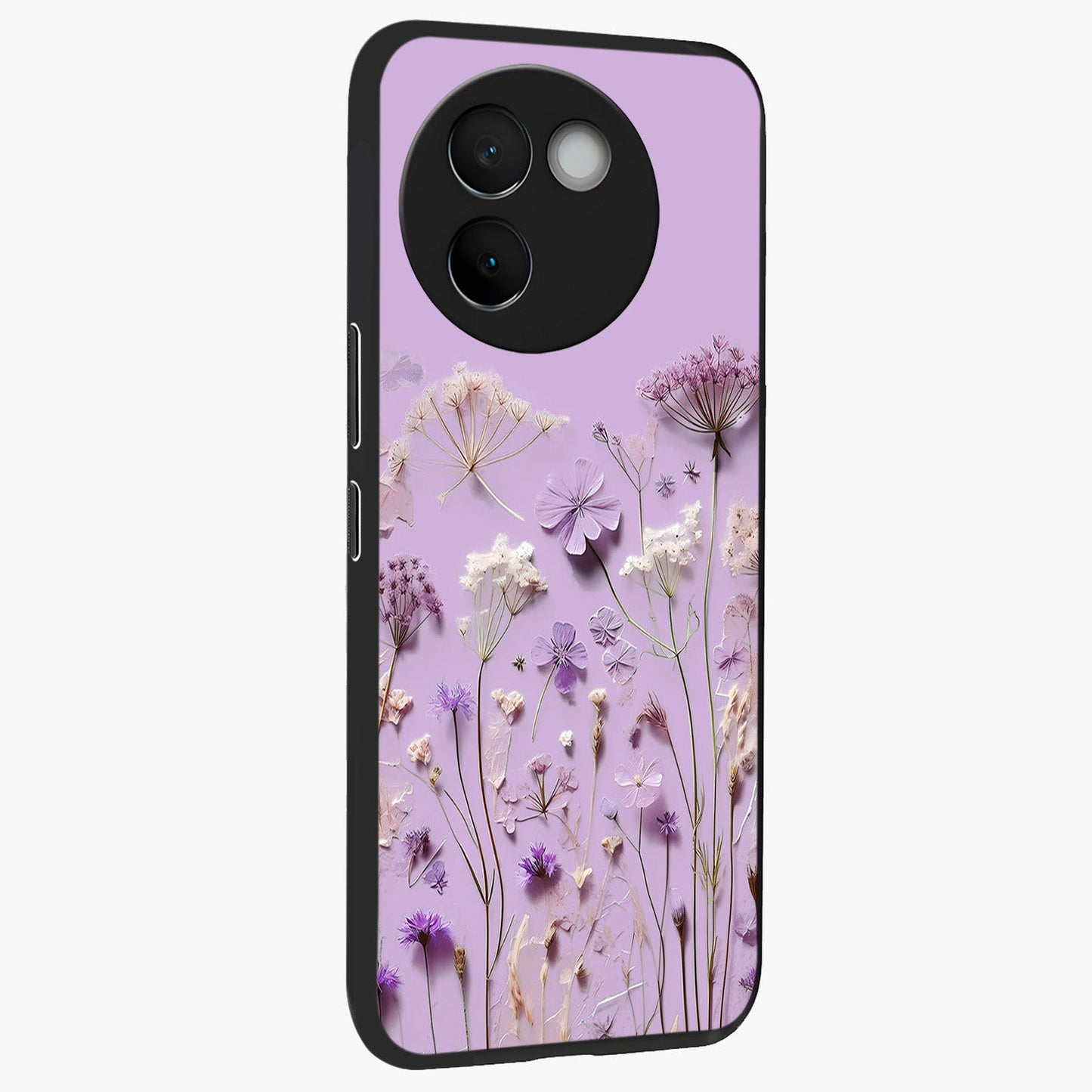 Lavender Blossom Dream Glass Case upright view showcasing delicate lavender blossom artwork with peaceful floral theme.