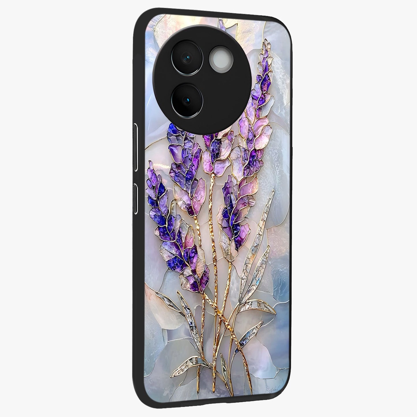 Lavender Dream Glow Glass Case upright view showcasing radiant lavender glow artwork with calming dreamy theme.
