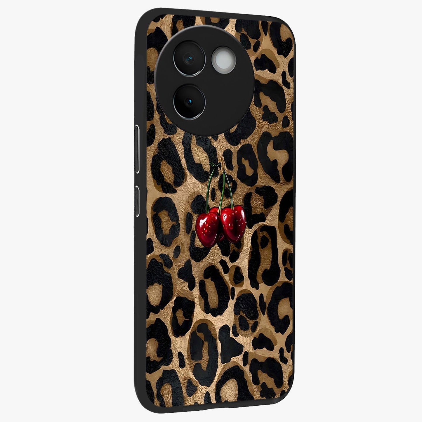 Leopard Wild Cherry Glass Case upright view showcasing stylish leopard pattern artwork with trendy fashion theme.