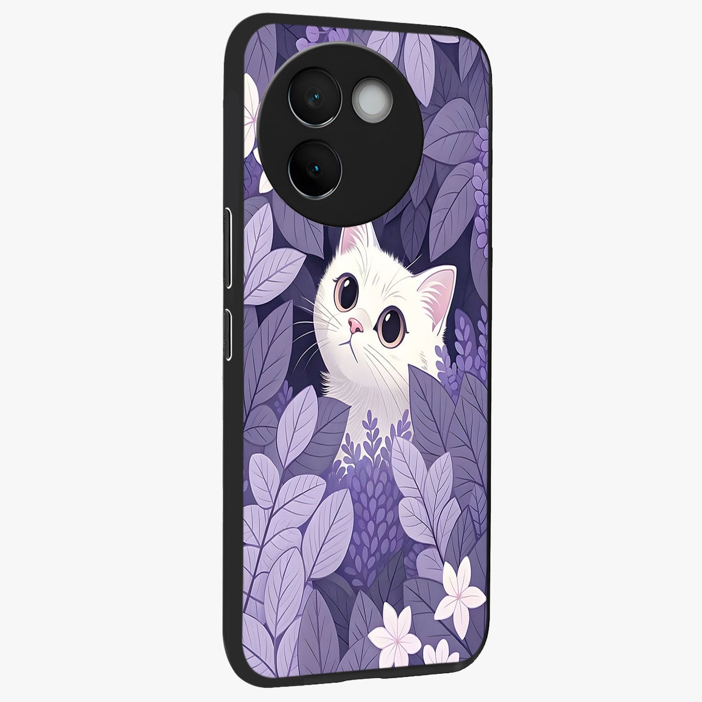 Lilac Hide Peek Cat Glass Case upright view showcasing charming cat artwork with adorable peek theme.