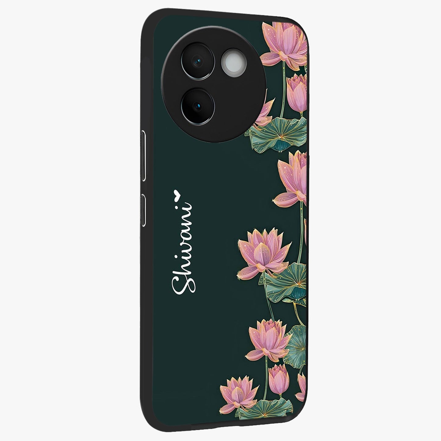 Lotus Bloom Serenity Custom Name Glass Case upright view showcasing serene lotus bloom artwork with personalized floral aesthetic.