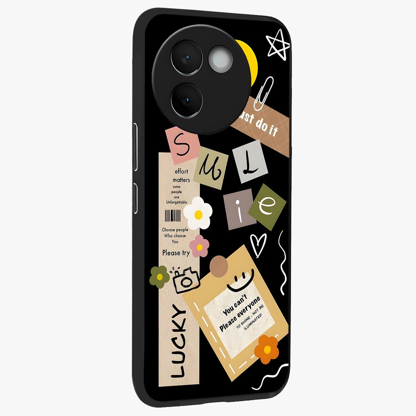 Lucky Aesthetic Collage Glass Case upright view showcasing vibrant collage artwork with youthful aesthetic theme.