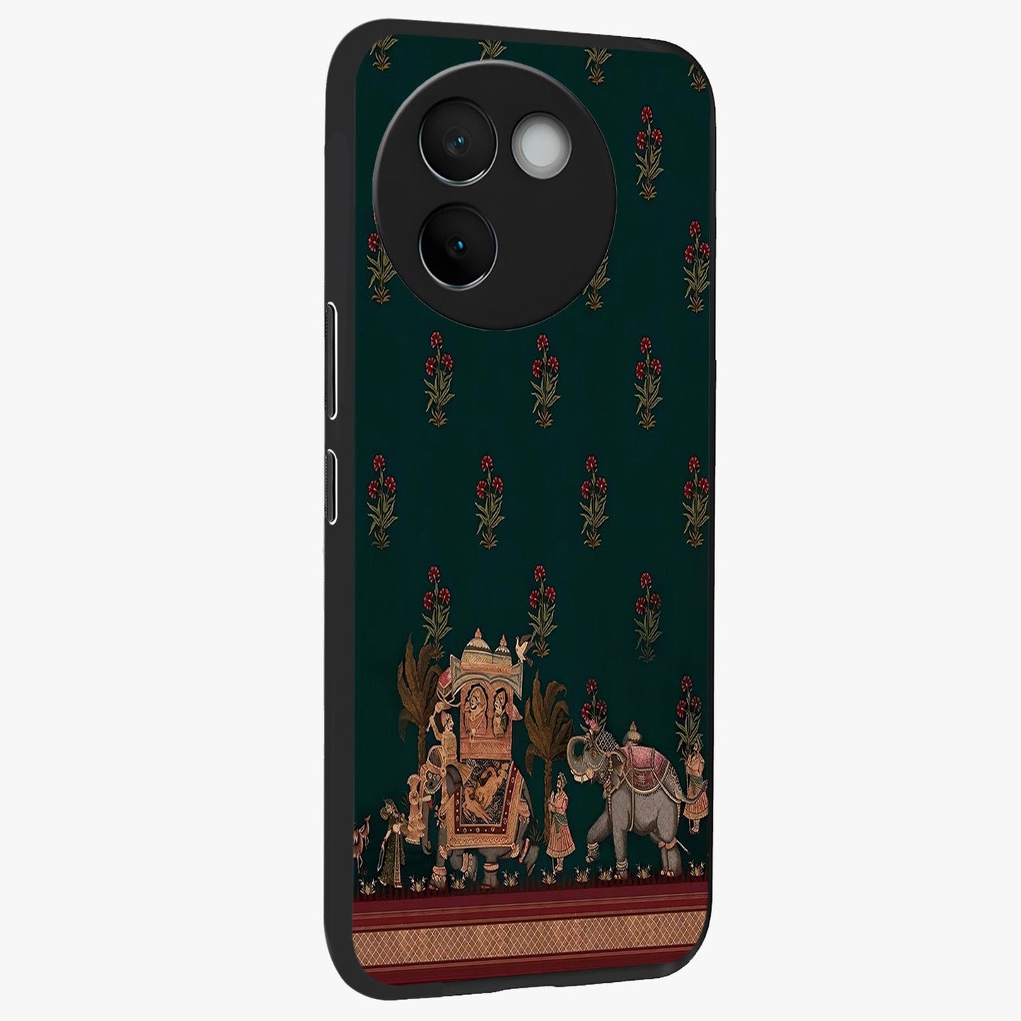 Macmerise Glass Case upright view showcasing bold artistic artwork with contemporary design theme.
