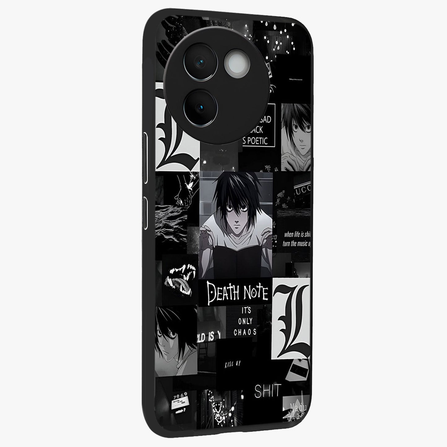 Midnight Chaos Mind Glass Case upright view showcasing expressive abstract artwork with bold dark theme.